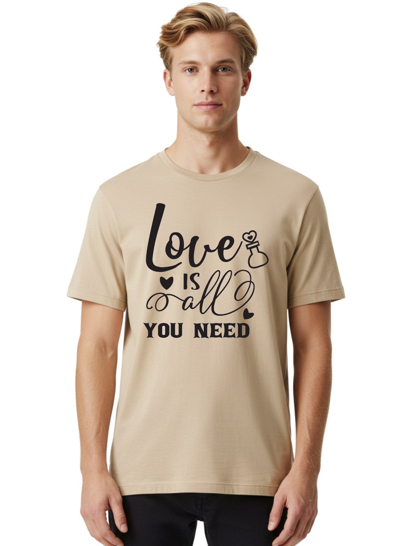 Love-Is-All-You-Need Men'S Graphic Tee, 100% Cotton, Comfortable Casual Summer Wear, Machine Washable, Love Quote, Inspirational Quote, Motivational Phrase, Heart Symbol, Love Potion, Romantic Message, Positive Affirmation, Aac975