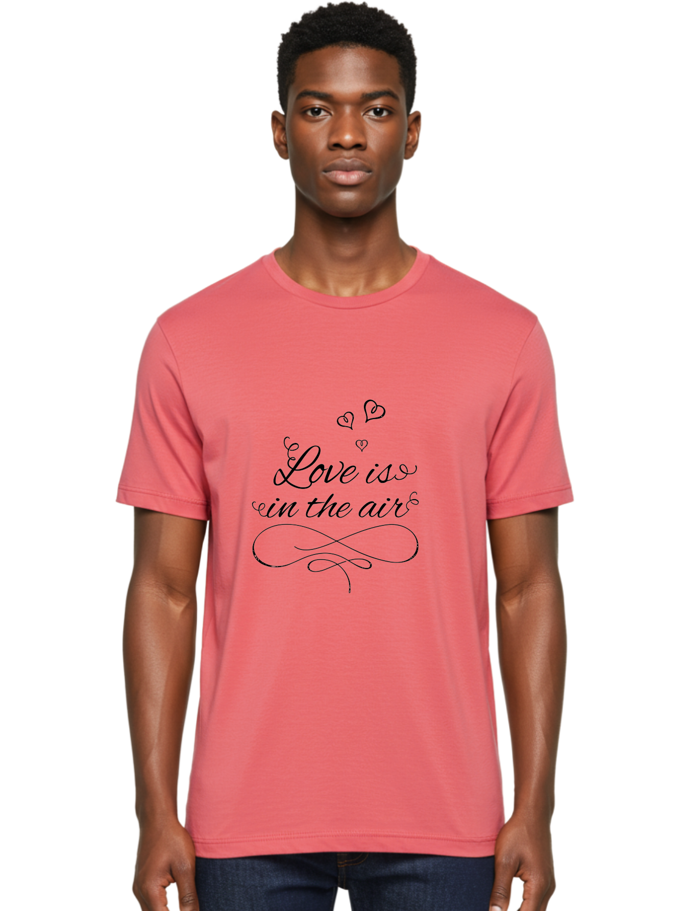 Love-Is-In-The-Air Men'S Graphic Tee, 100% Cotton, Comfortable Casual Summer Wear, Machine Washable, Love Is In The Air, Valentine'S Day Message, Romantic Quote, Calligraphy Style, Swirling Hearts, Whimsical Design, Elegant Typography, Aac976