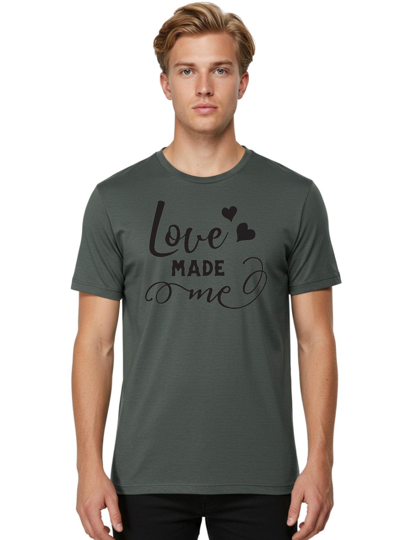Love-Made-Me Men'S Graphic Tee, 100% Cotton, Comfortable Casual Summer Wear, Machine Washable, Love Quote, Heartwarming Phrase, Love Made Me, Inspirational Text, Black Text, Cursive Font, Heart Symbols, Love Message, Affectionate Words Aac979
