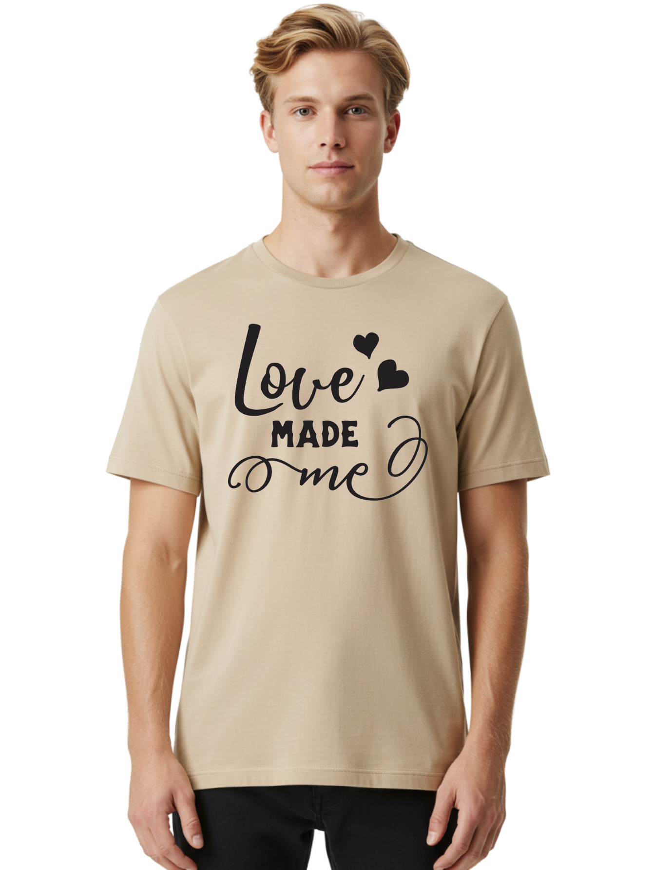 Love-Made-Me Men'S Graphic Tee, 100% Cotton, Comfortable Casual Summer Wear, Machine Washable, Love Quote, Heartwarming Phrase, Love Made Me, Inspirational Text, Black Text, Cursive Font, Heart Symbols, Love Message, Affectionate Words Aac979