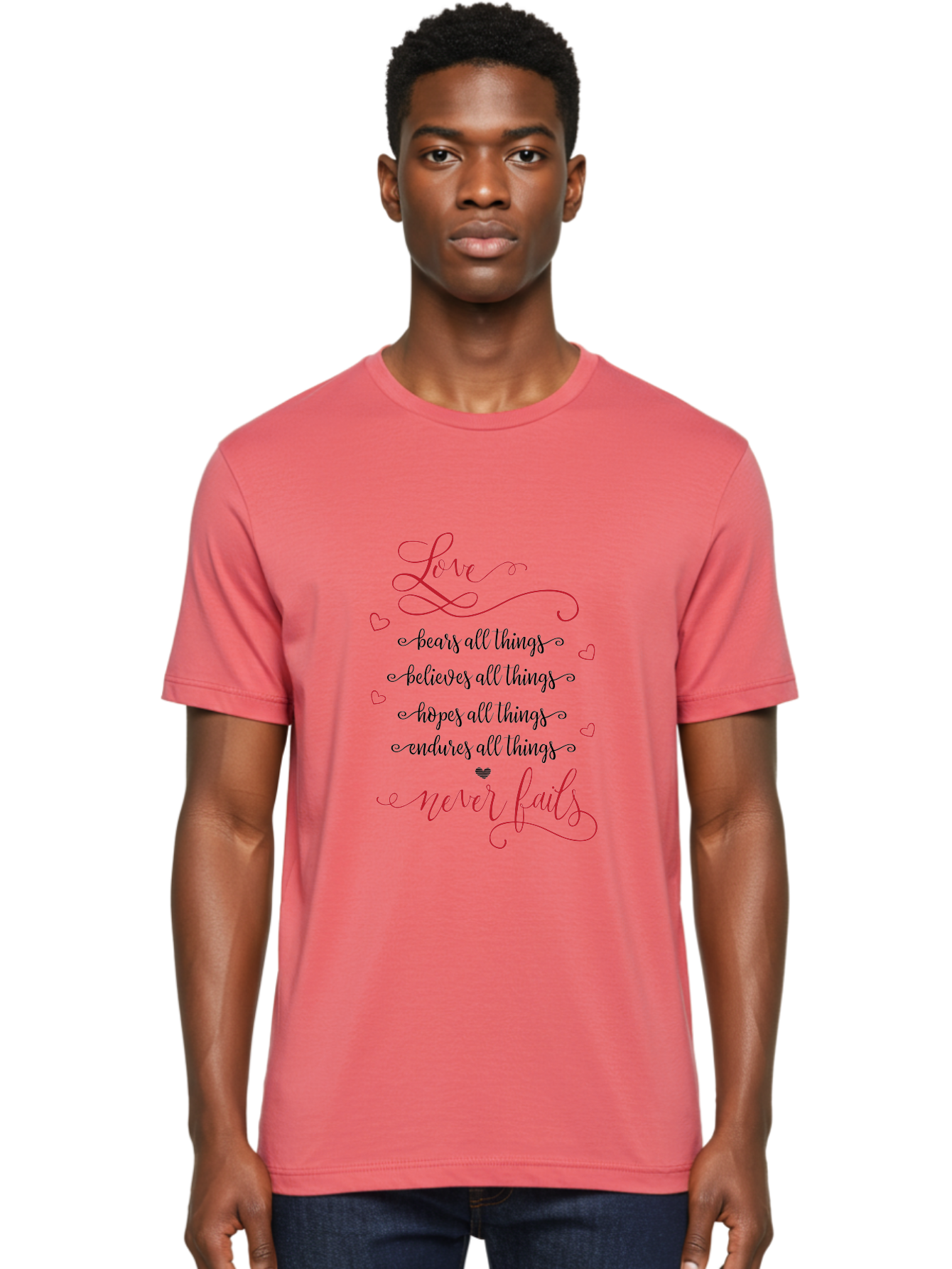 Love-Never-Fails Men'S Graphic Tee, 100% Cotton, Comfortable Casual Summer Wear, Machine Washable, Love Quote, Inspirational Quote, Positive Affirmation, Heartwarming Message, Faith, Hope, Charity, 1 Corinthians 13:8 Aac980