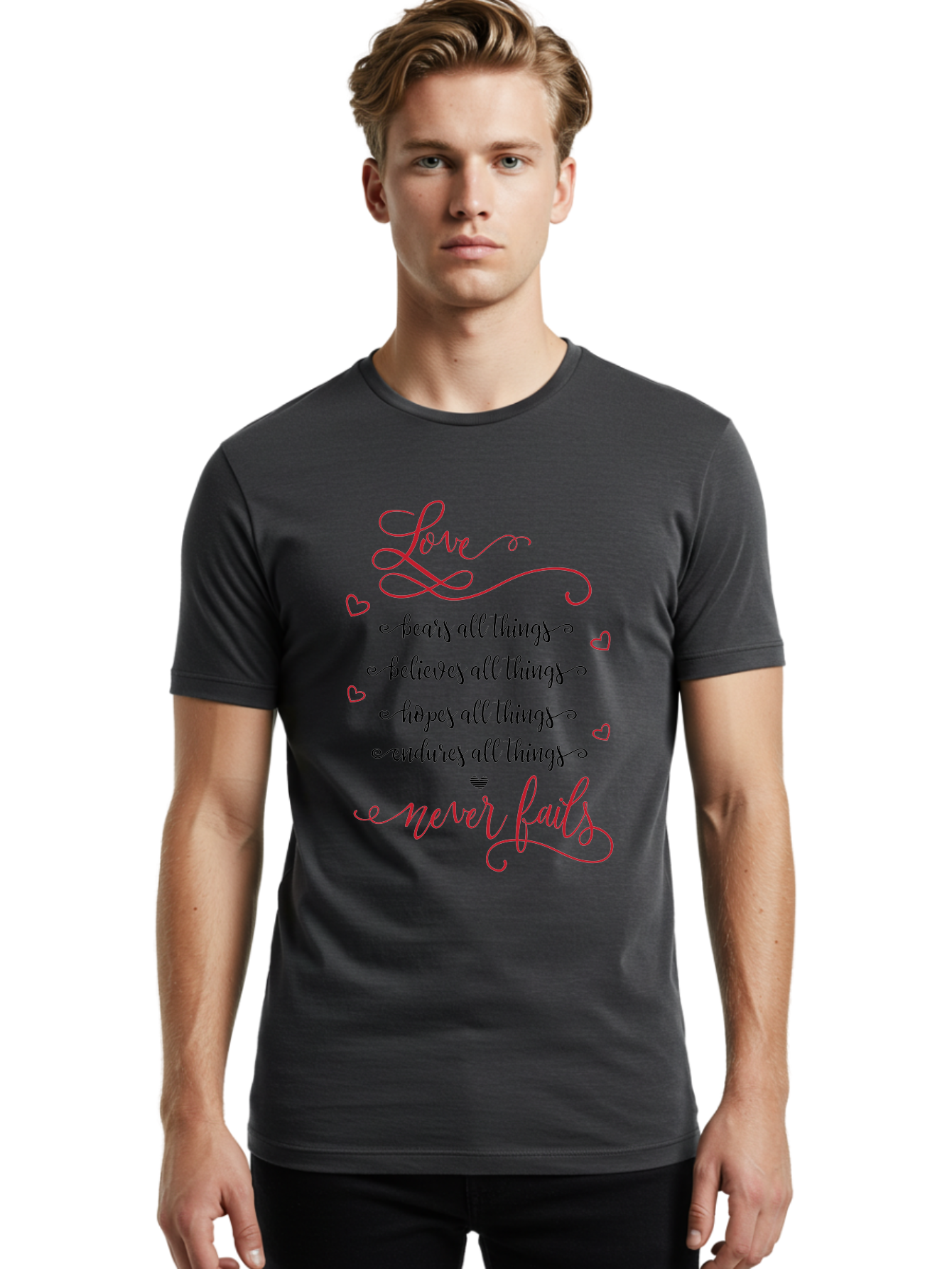 Love-Never-Fails Men'S Graphic Tee, 100% Cotton, Comfortable Casual Summer Wear, Machine Washable, Love Quote, Inspirational Quote, Positive Affirmation, Heartwarming Message, Faith, Hope, Charity, 1 Corinthians 13:8 Aac980