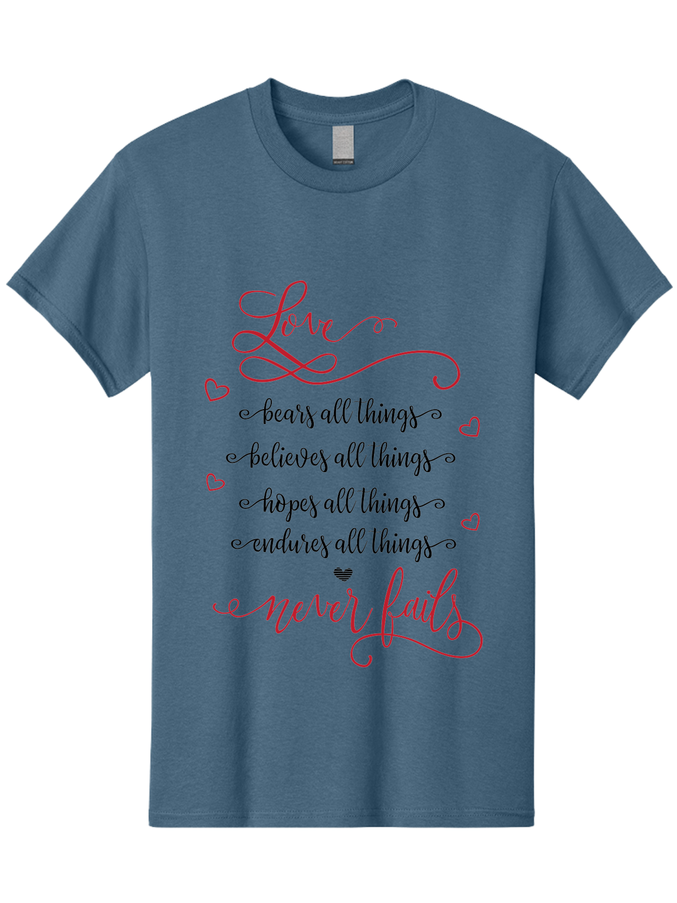 Love-Never-Fails Men'S Graphic Tee, 100% Cotton, Comfortable Casual Summer Wear, Machine Washable, Love Quote, Inspirational Quote, Positive Affirmation, Heartwarming Message, Faith, Hope, Charity, 1 Corinthians 13:8 Aac980