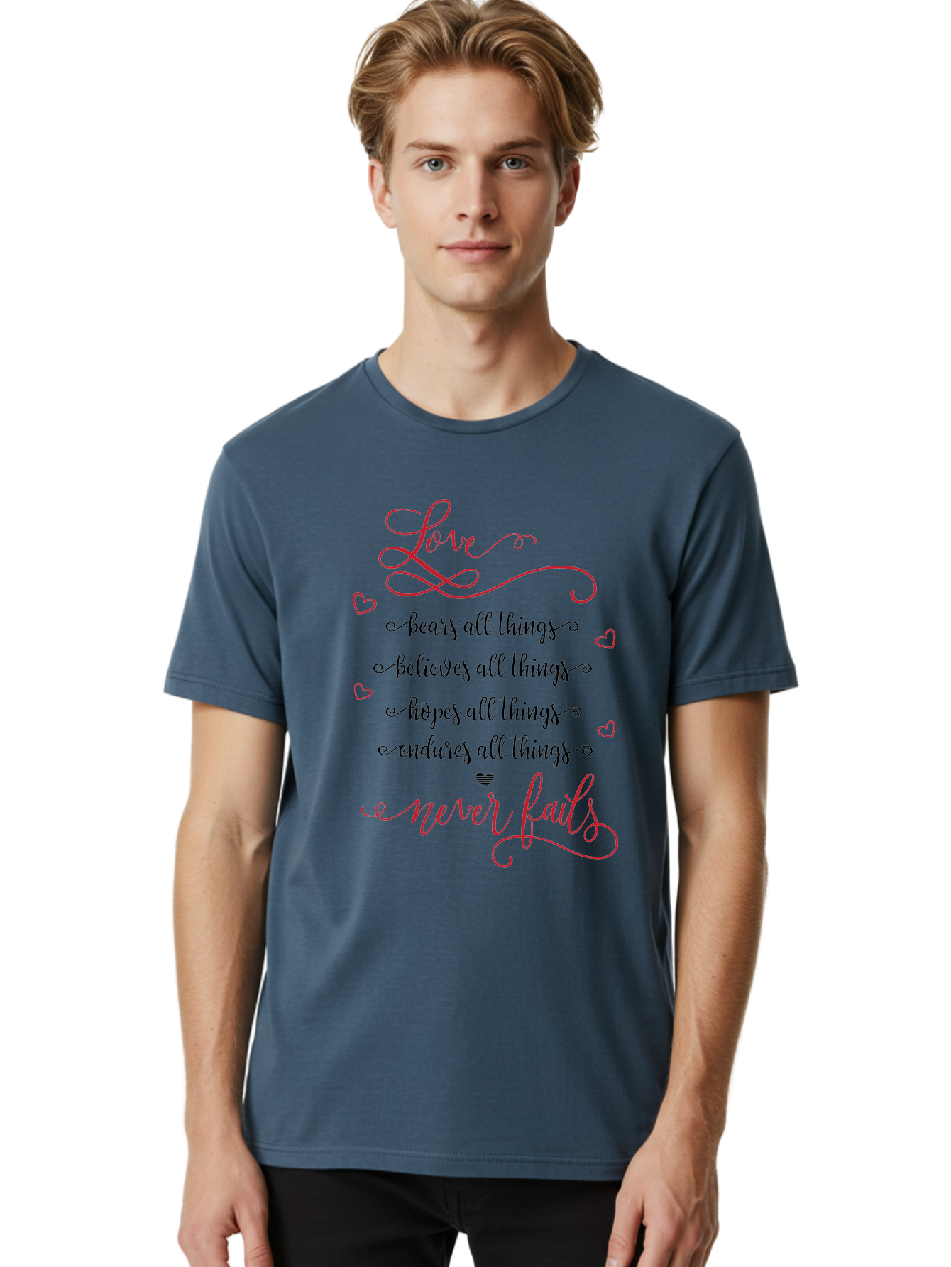 Love-Never-Fails Men'S Graphic Tee, 100% Cotton, Comfortable Casual Summer Wear, Machine Washable, Love Quote, Inspirational Quote, Positive Affirmation, Heartwarming Message, Faith, Hope, Charity, 1 Corinthians 13:8 Aac980