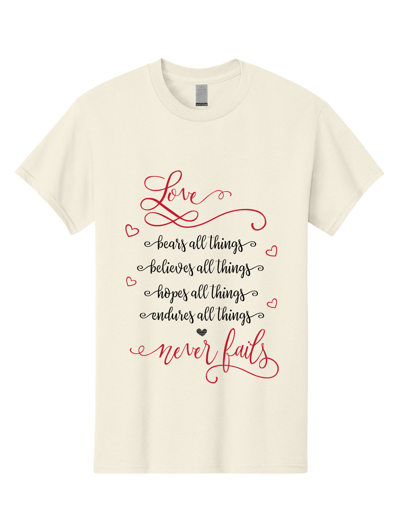 Love-Never-Fails Men'S Graphic Tee, 100% Cotton, Comfortable Casual Summer Wear, Machine Washable, Love Quote, Inspirational Quote, Positive Affirmation, Heartwarming Message, Faith, Hope, Charity, 1 Corinthians 13:8 Aac980