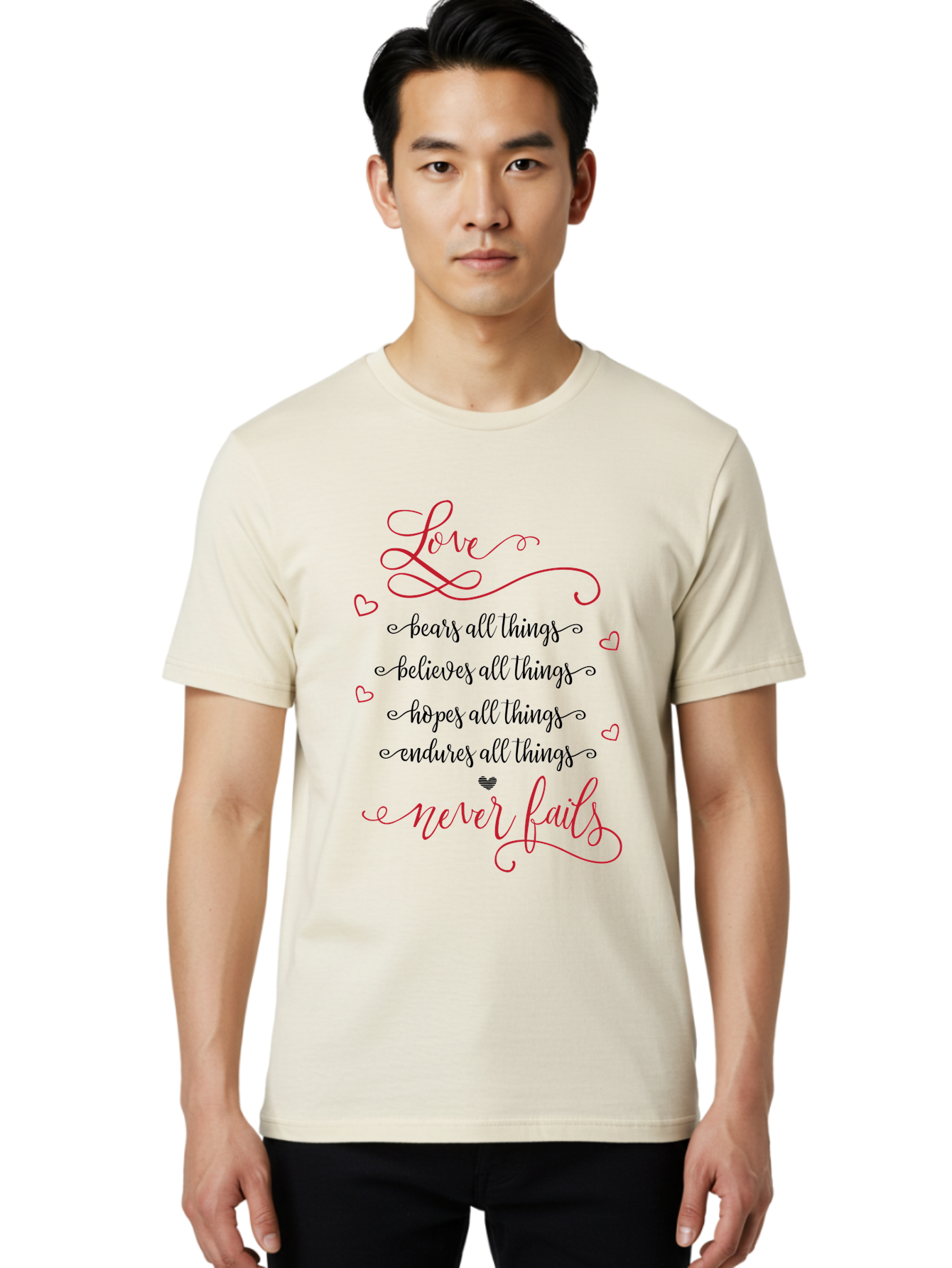 Love-Never-Fails Men'S Graphic Tee, 100% Cotton, Comfortable Casual Summer Wear, Machine Washable, Love Quote, Inspirational Quote, Positive Affirmation, Heartwarming Message, Faith, Hope, Charity, 1 Corinthians 13:8 Aac980