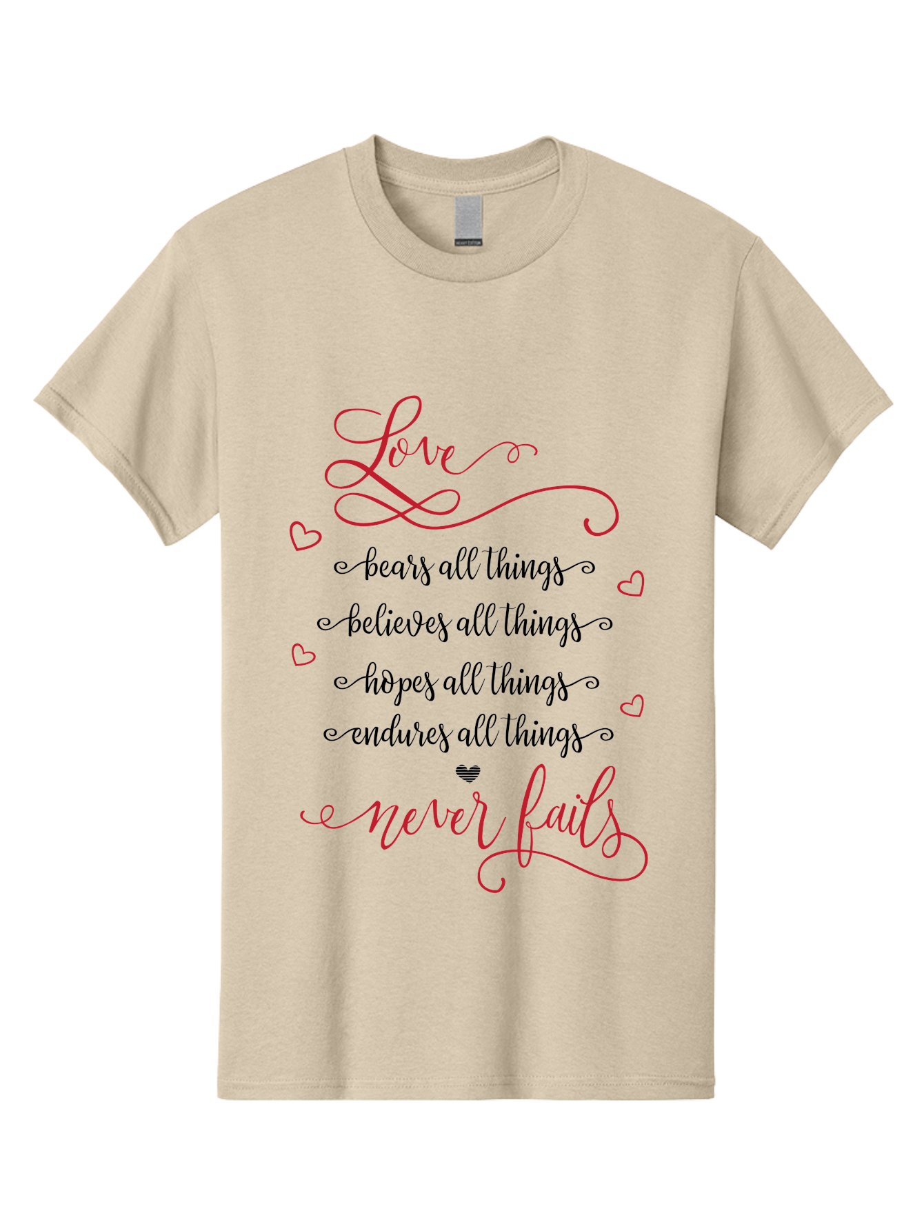 Love-Never-Fails Men'S Graphic Tee, 100% Cotton, Comfortable Casual Summer Wear, Machine Washable, Love Quote, Inspirational Quote, Positive Affirmation, Heartwarming Message, Faith, Hope, Charity, 1 Corinthians 13:8 Aac980