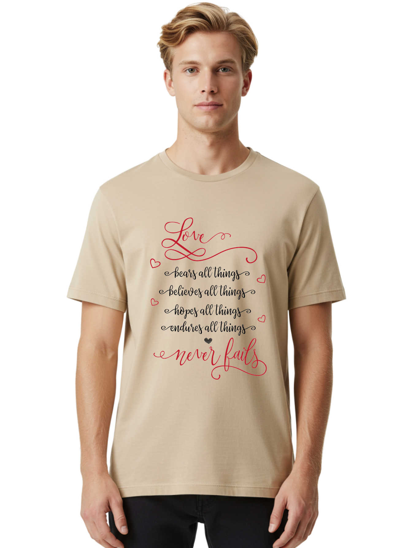 Love-Never-Fails Men'S Graphic Tee, 100% Cotton, Comfortable Casual Summer Wear, Machine Washable, Love Quote, Inspirational Quote, Positive Affirmation, Heartwarming Message, Faith, Hope, Charity, 1 Corinthians 13:8 Aac980