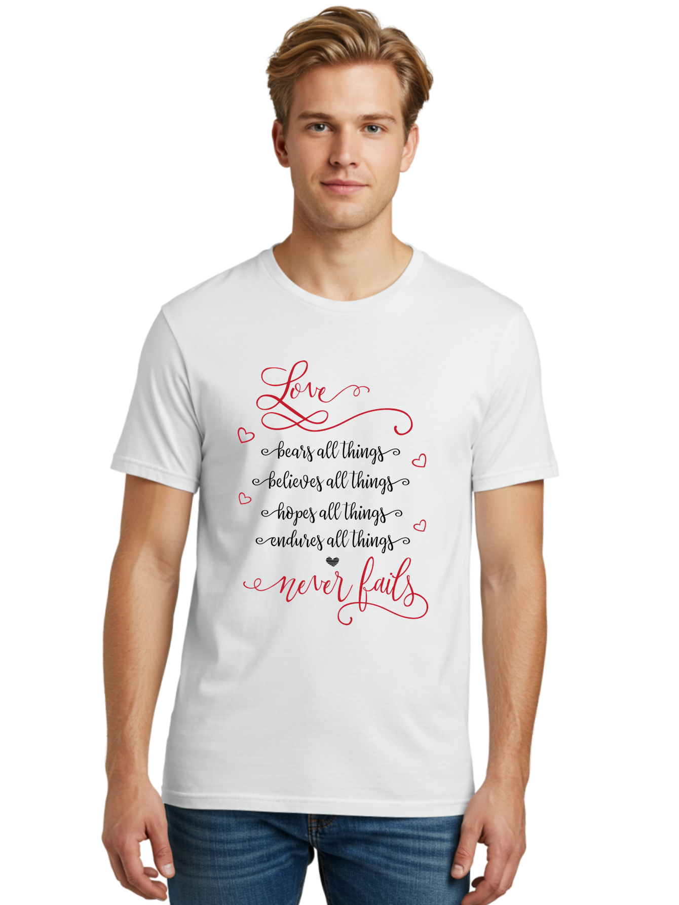 Love-Never-Fails Men'S Graphic Tee, 100% Cotton, Comfortable Casual Summer Wear, Machine Washable, Love Quote, Inspirational Quote, Positive Affirmation, Heartwarming Message, Faith, Hope, Charity, 1 Corinthians 13:8 Aac980