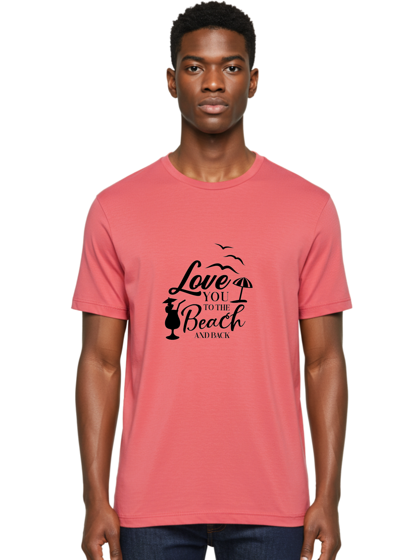 Love-You-To-The-Beach-And-Back Men'S Graphic Tee, 100% Cotton, Comfortable Casual Summer Wear, Machine Washable, Beach Love Quote, Seaside Charm, Coastal Vibes, Summer Romance, Tropical Getaway, Ocean Breeze, Birds Flying, Aac981