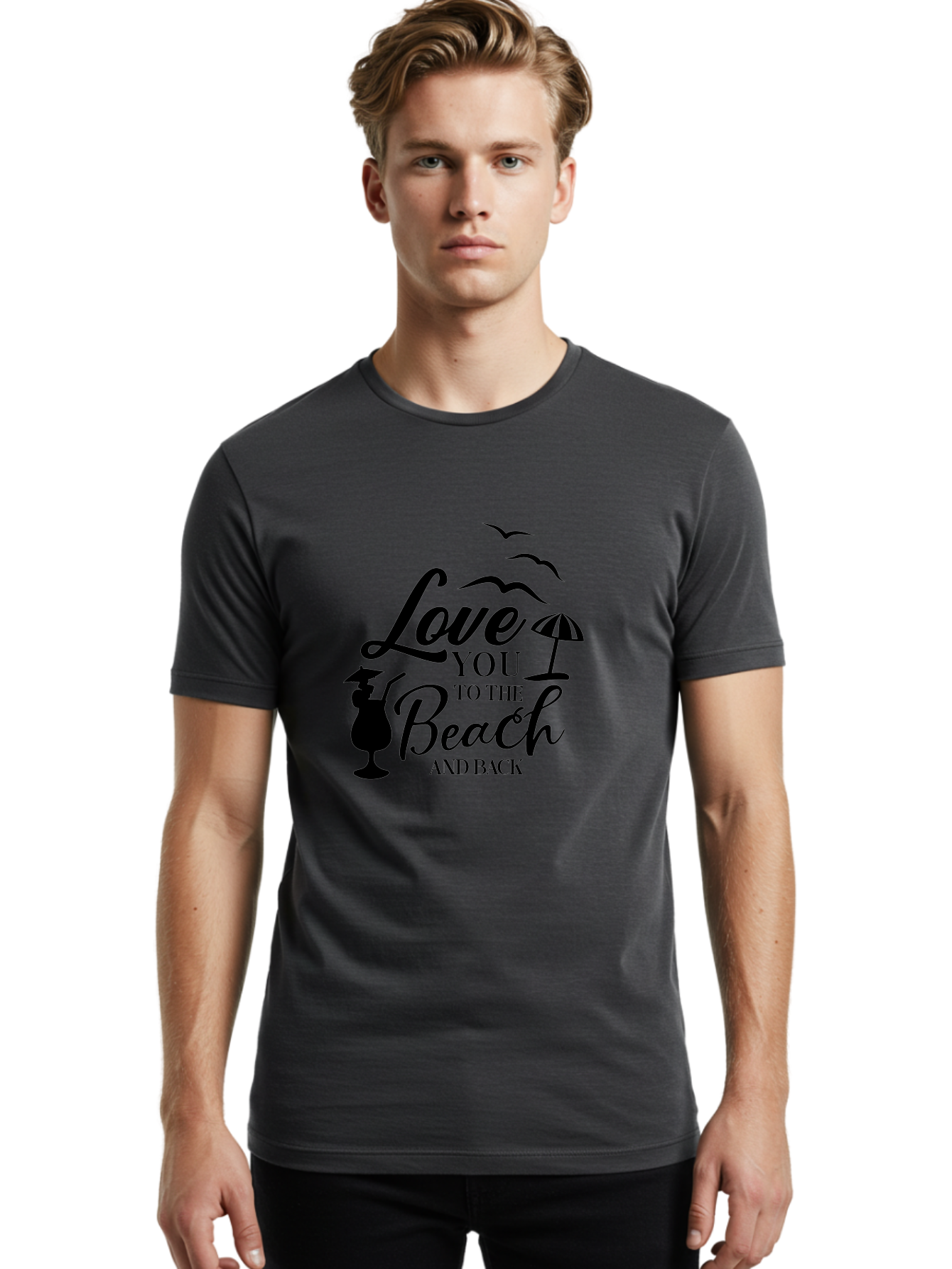 Love-You-To-The-Beach-And-Back Men'S Graphic Tee, 100% Cotton, Comfortable Casual Summer Wear, Machine Washable, Beach Love Quote, Seaside Charm, Coastal Vibes, Summer Romance, Tropical Getaway, Ocean Breeze, Birds Flying, Aac981