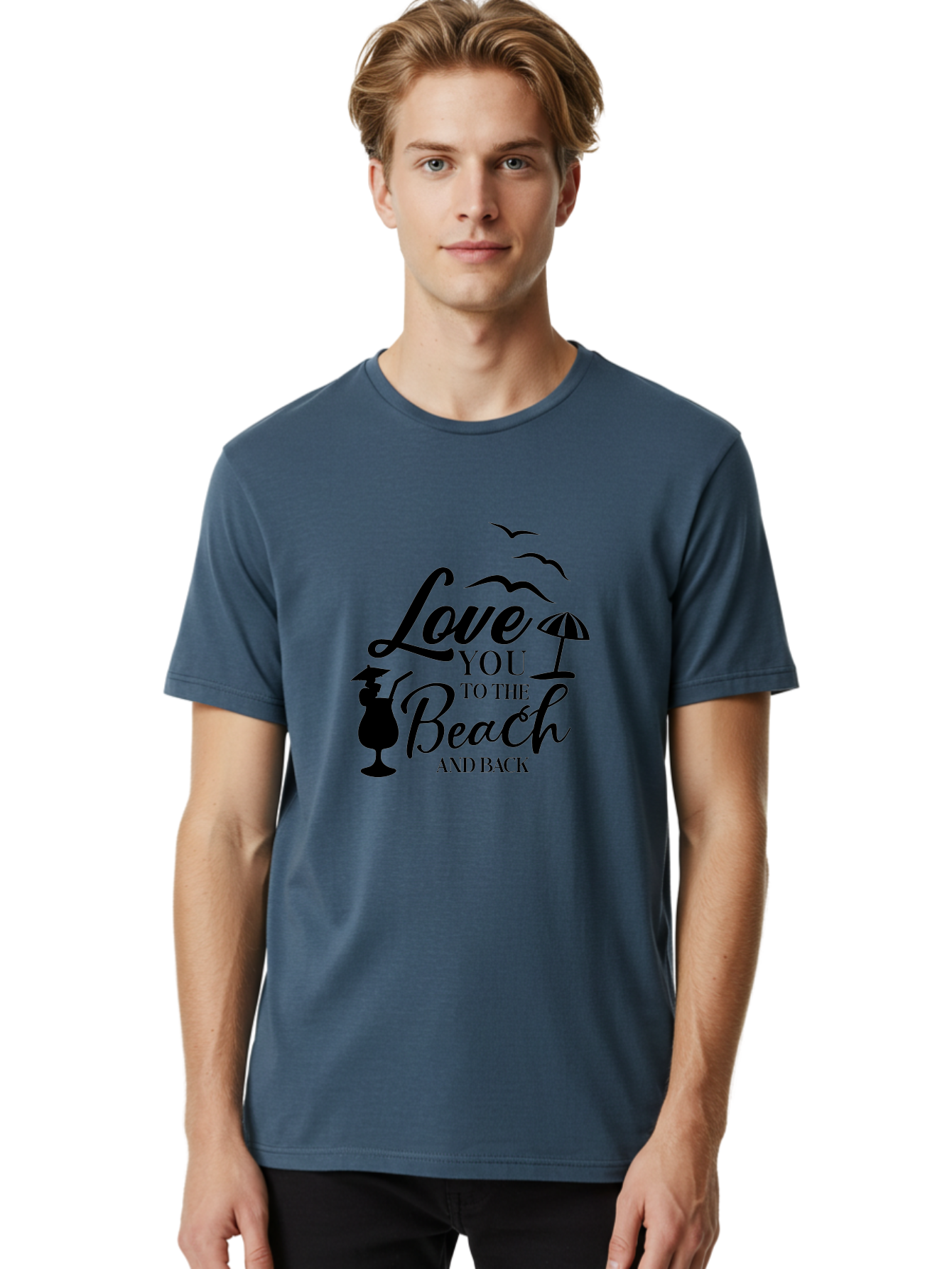 Love-You-To-The-Beach-And-Back Men'S Graphic Tee, 100% Cotton, Comfortable Casual Summer Wear, Machine Washable, Beach Love Quote, Seaside Charm, Coastal Vibes, Summer Romance, Tropical Getaway, Ocean Breeze, Birds Flying, Aac981