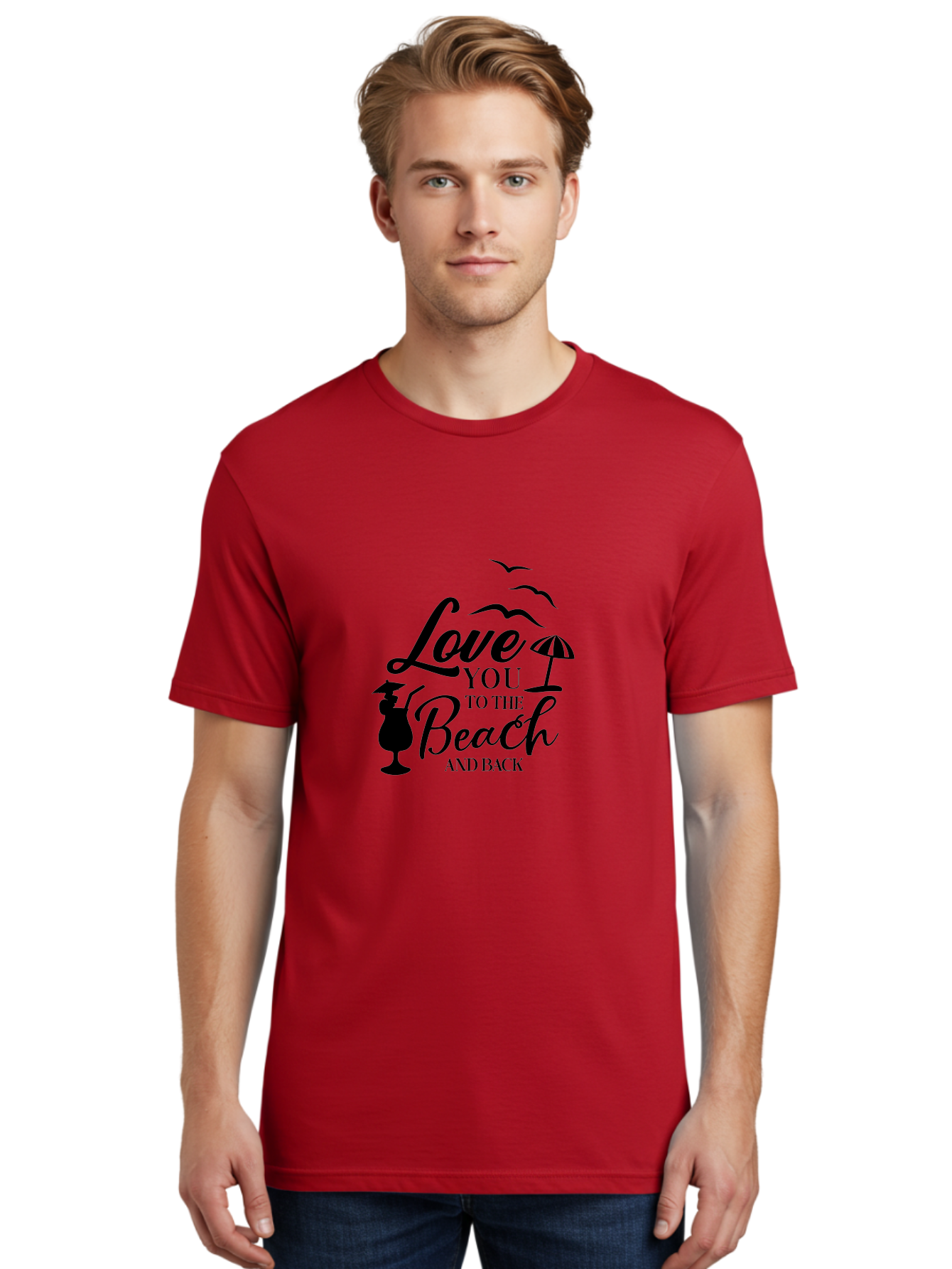 Love-You-To-The-Beach-And-Back Men'S Graphic Tee, 100% Cotton, Comfortable Casual Summer Wear, Machine Washable, Beach Love Quote, Seaside Charm, Coastal Vibes, Summer Romance, Tropical Getaway, Ocean Breeze, Birds Flying, Aac981