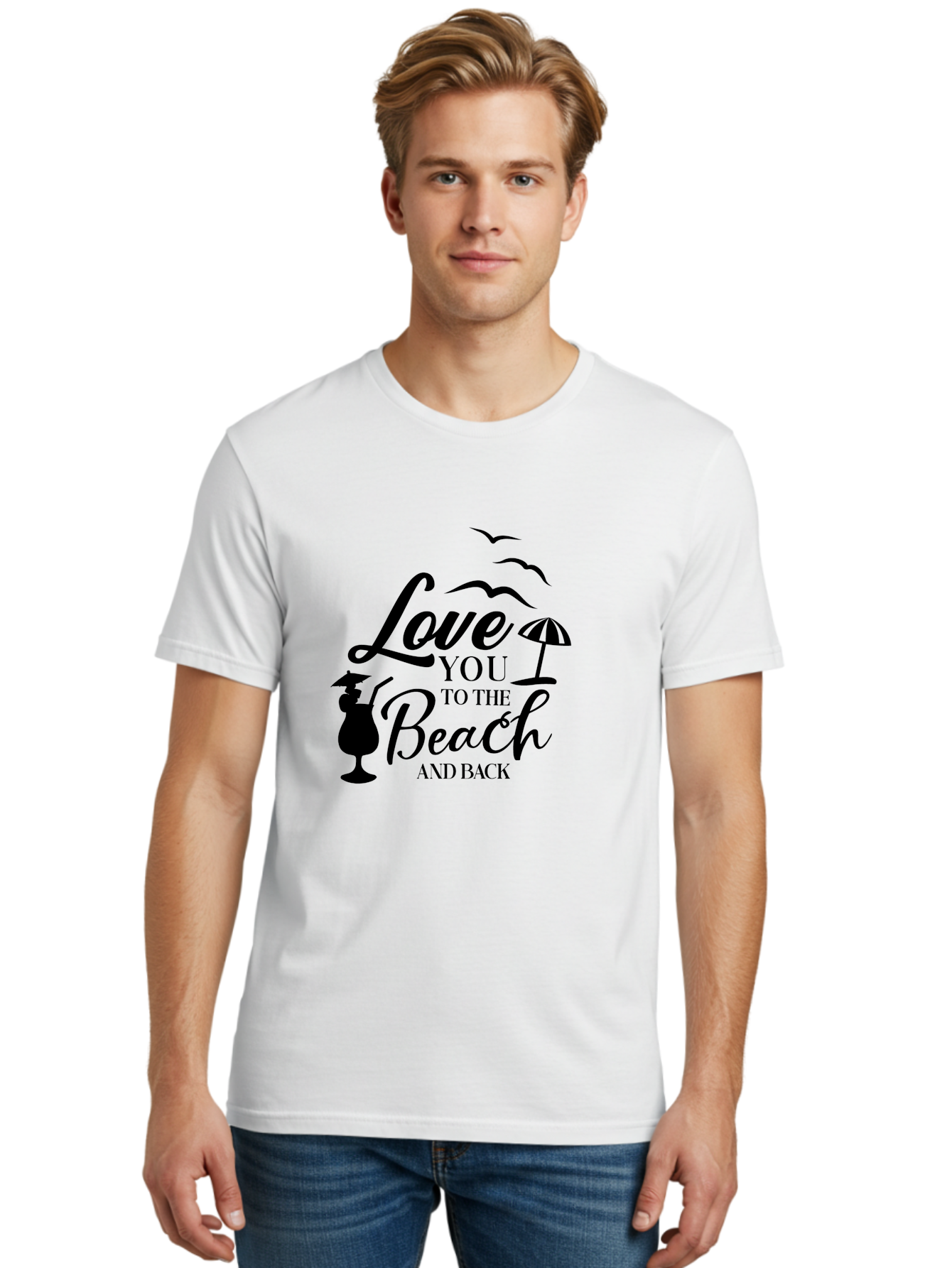 Love-You-To-The-Beach-And-Back Men'S Graphic Tee, 100% Cotton, Comfortable Casual Summer Wear, Machine Washable, Beach Love Quote, Seaside Charm, Coastal Vibes, Summer Romance, Tropical Getaway, Ocean Breeze, Birds Flying, Aac981