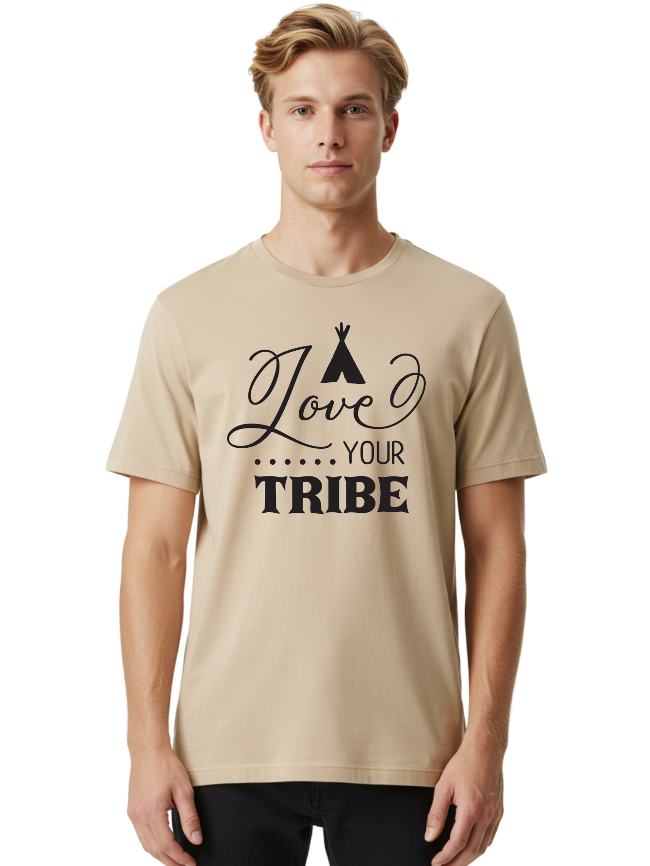 Love-Your-Tribe Men'S Graphic Tee, 100% Cotton, Comfortable Casual Summer Wear, Machine Washable, Love Your Tribe, Tribal Love, Motivational Quote, Inspirational Saying, Teepee Symbol, Unity Phrase, Community Message, Typographic Art Aac982