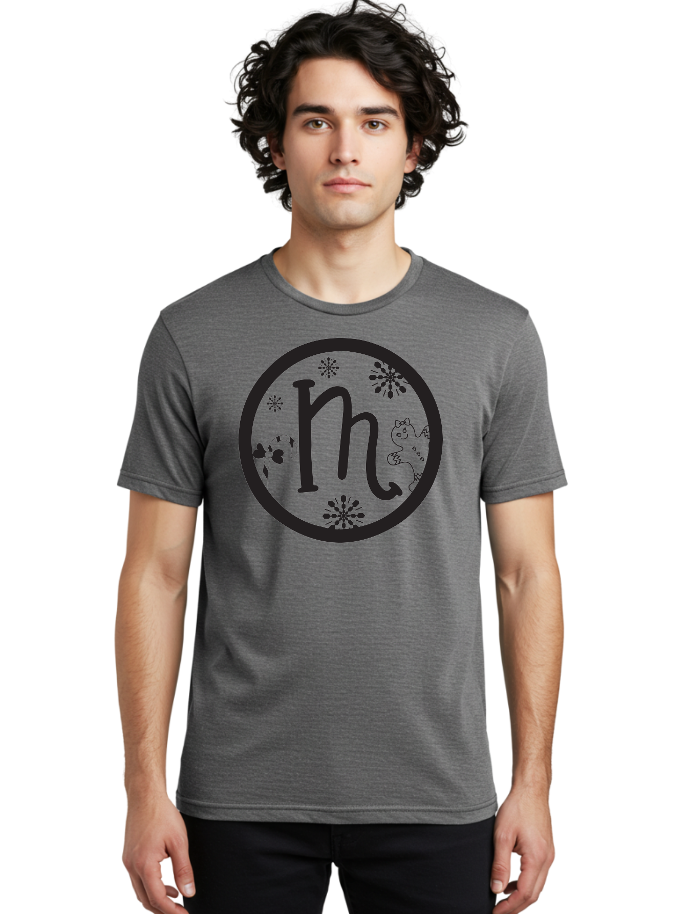 M Men'S Graphic Tee, 100% Cotton, Comfortable Casual Summer Wear, Machine Washable, Black Letter M, Floral Designs, Whimsical Cat, Playful Illustration, Decorative Circle, Cute Cartoon Character, Lovely Doodles, Artistic Typography Aac984