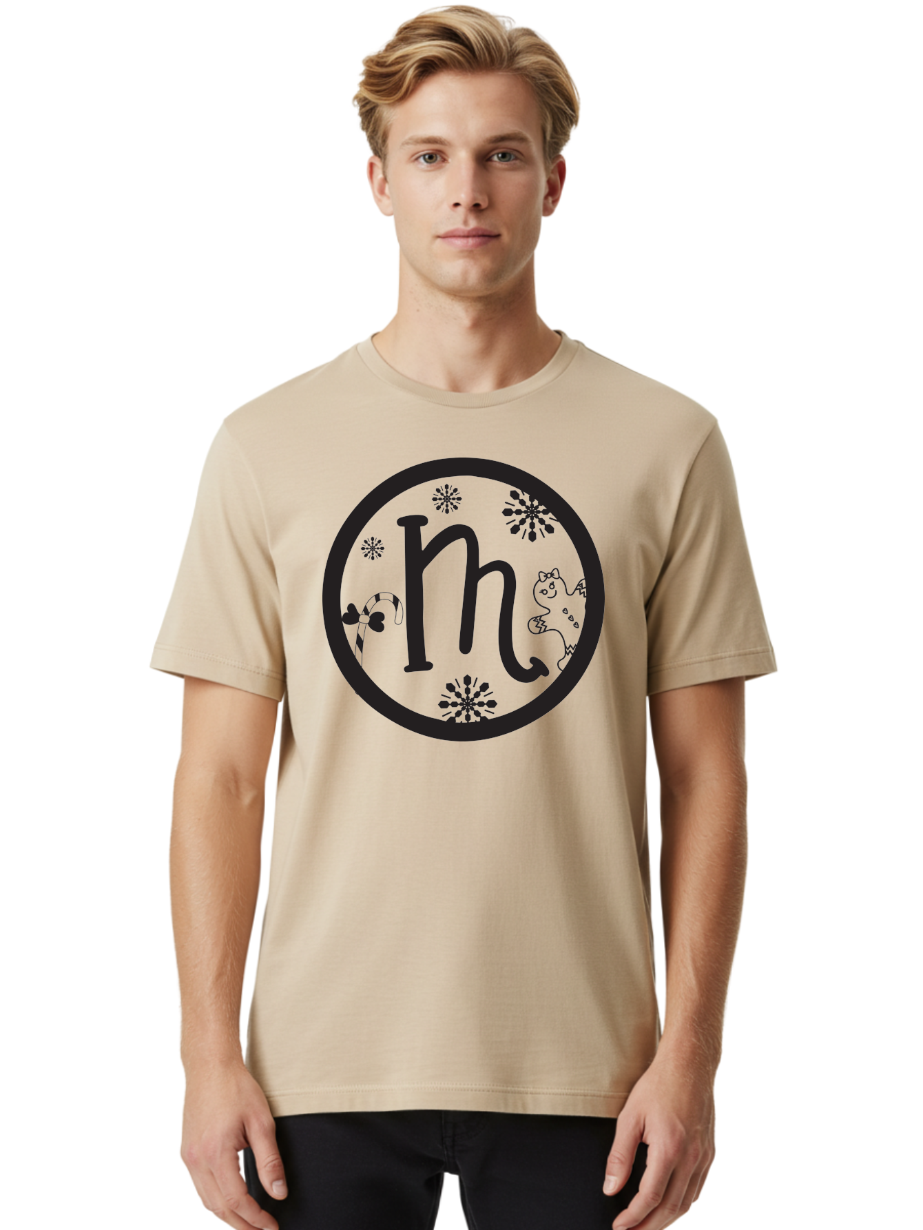 M Men'S Graphic Tee, 100% Cotton, Comfortable Casual Summer Wear, Machine Washable, Black Letter M, Floral Designs, Whimsical Cat, Playful Illustration, Decorative Circle, Cute Cartoon Character, Lovely Doodles, Artistic Typography Aac984