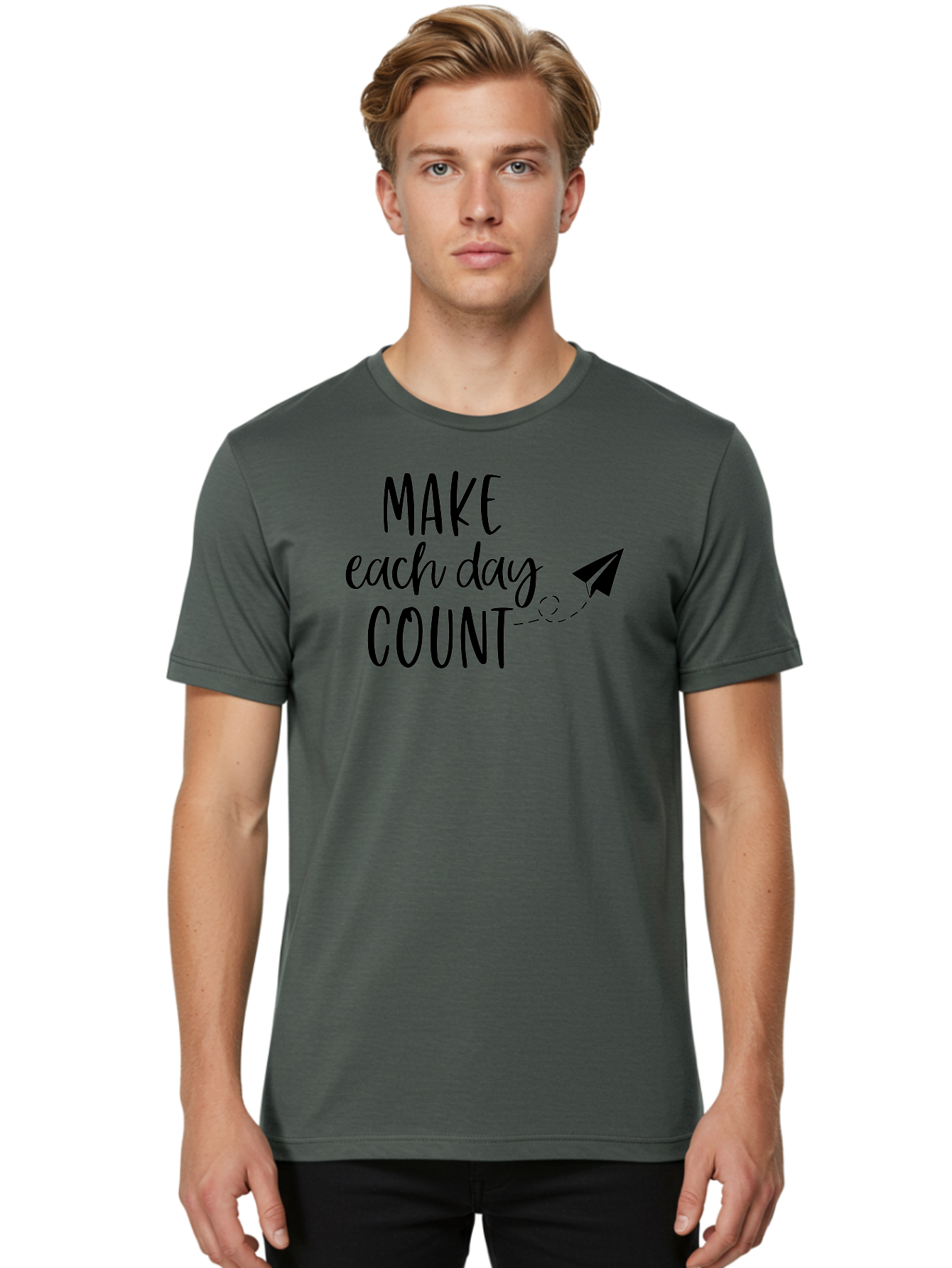 Make-Each-Day-Count Men'S Graphic Tee, 100% Cotton, Comfortable Casual Summer Wear, Machine Washable, Motivational Quote, Inspirational Message, Daily Motivation, Make Each Day Count, Positivity, Paper Airplane, Motivational Art, Goal Setting, Aac987