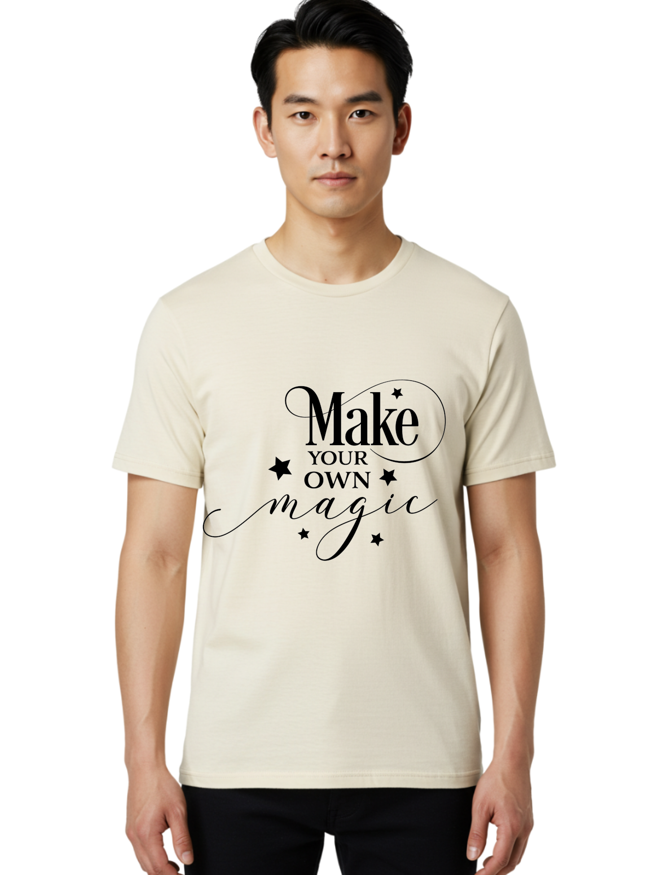 Make-Your-Own-Magic Men'S Graphic Tee, 100% Cotton, Comfortable Casual Summer Wear, Machine Washable, Inspirational Quote, Motivational Phrase, Magic Spell, Stars Decoration, Typography Art, Positive Vibes, Empowerment Message, Mystical Charm Aac988