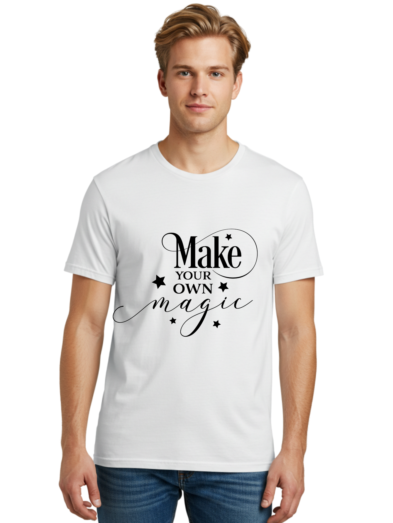 Make-Your-Own-Magic Men'S Graphic Tee, 100% Cotton, Comfortable Casual Summer Wear, Machine Washable, Inspirational Quote, Motivational Phrase, Magic Spell, Stars Decoration, Typography Art, Positive Vibes, Empowerment Message, Mystical Charm Aac988