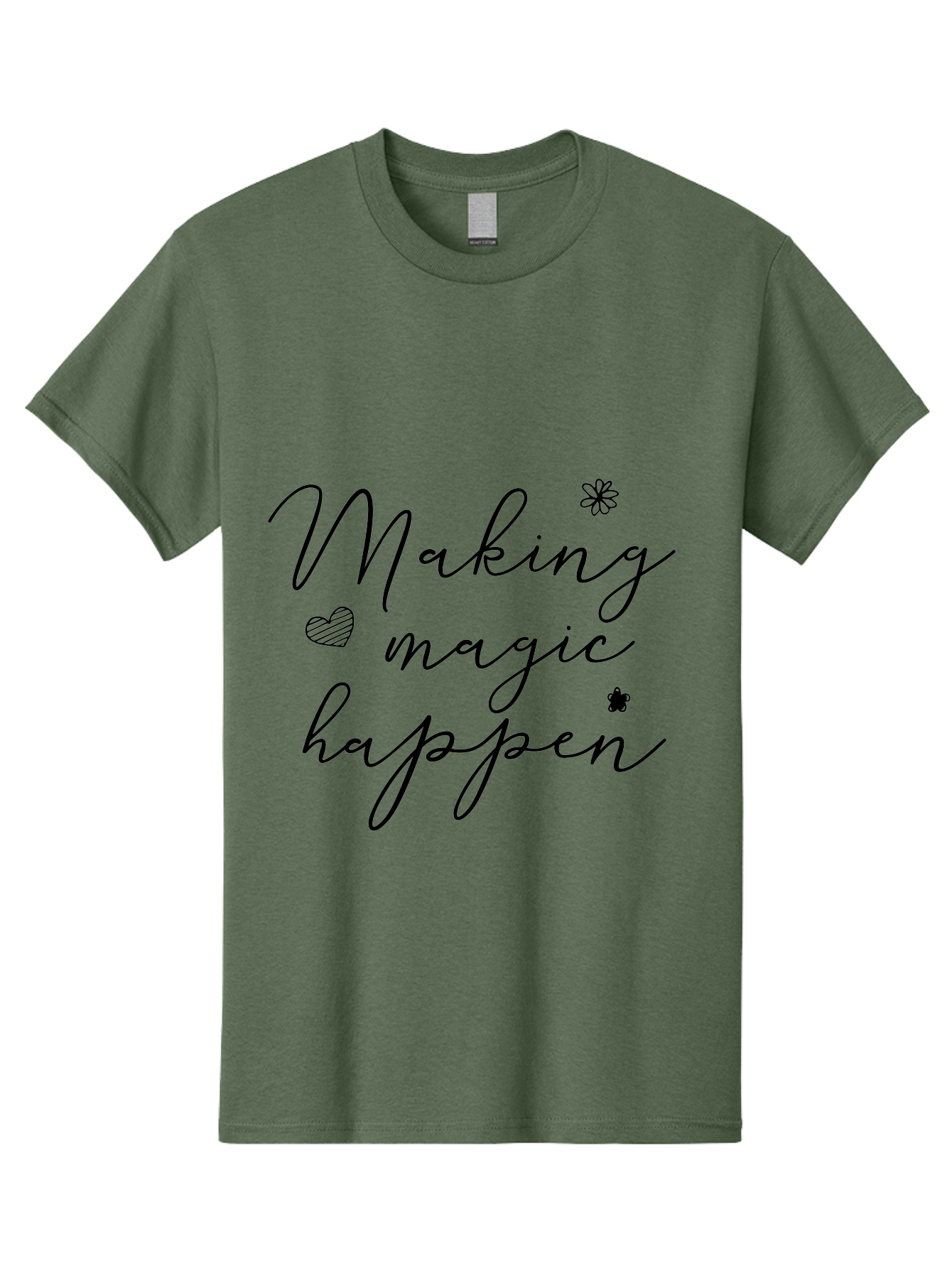 Making-Magic-Happen Men'S Graphic Tee, 100% Cotton, Comfortable Casual Summer Wear, Machine Washable, Inspirational Quote, Motivational Phrase, Positive Message, Making Magic Happen, Cursive Text, Heart Symbol, Flower Icons, Uplifting Words, Aac989