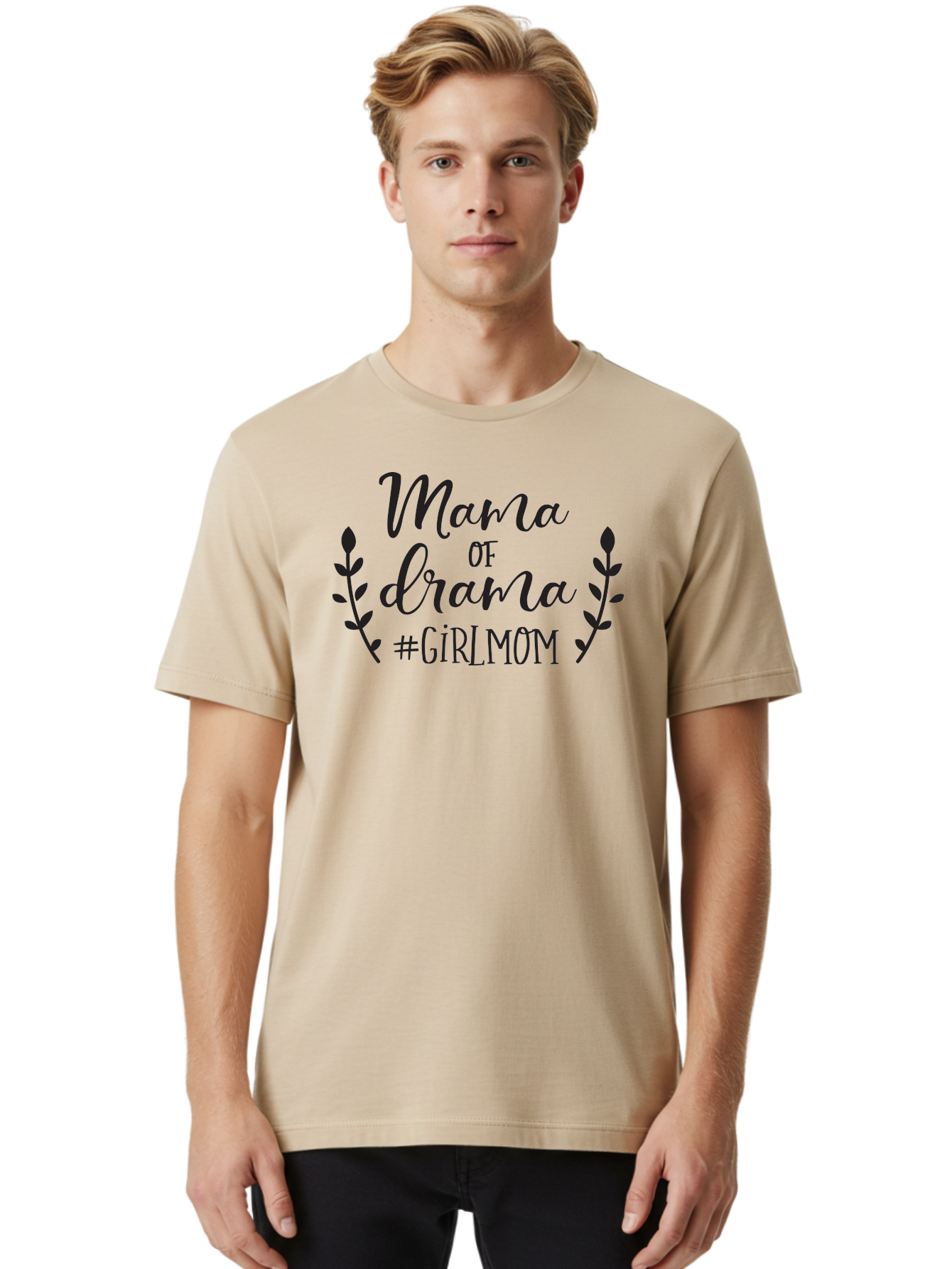 Mama-Of-Drama-Girlmom Men'S Graphic Tee, 100% Cotton, Comfortable Casual Summer Wear, Machine Washable, Mama Of Drama, Girl Mom Quote, Funny Motherhood, Parenting Humor, Girlmom Hashtag, Elegant Script Font, Floral Wreath Design, Sassy Mama, Aac992