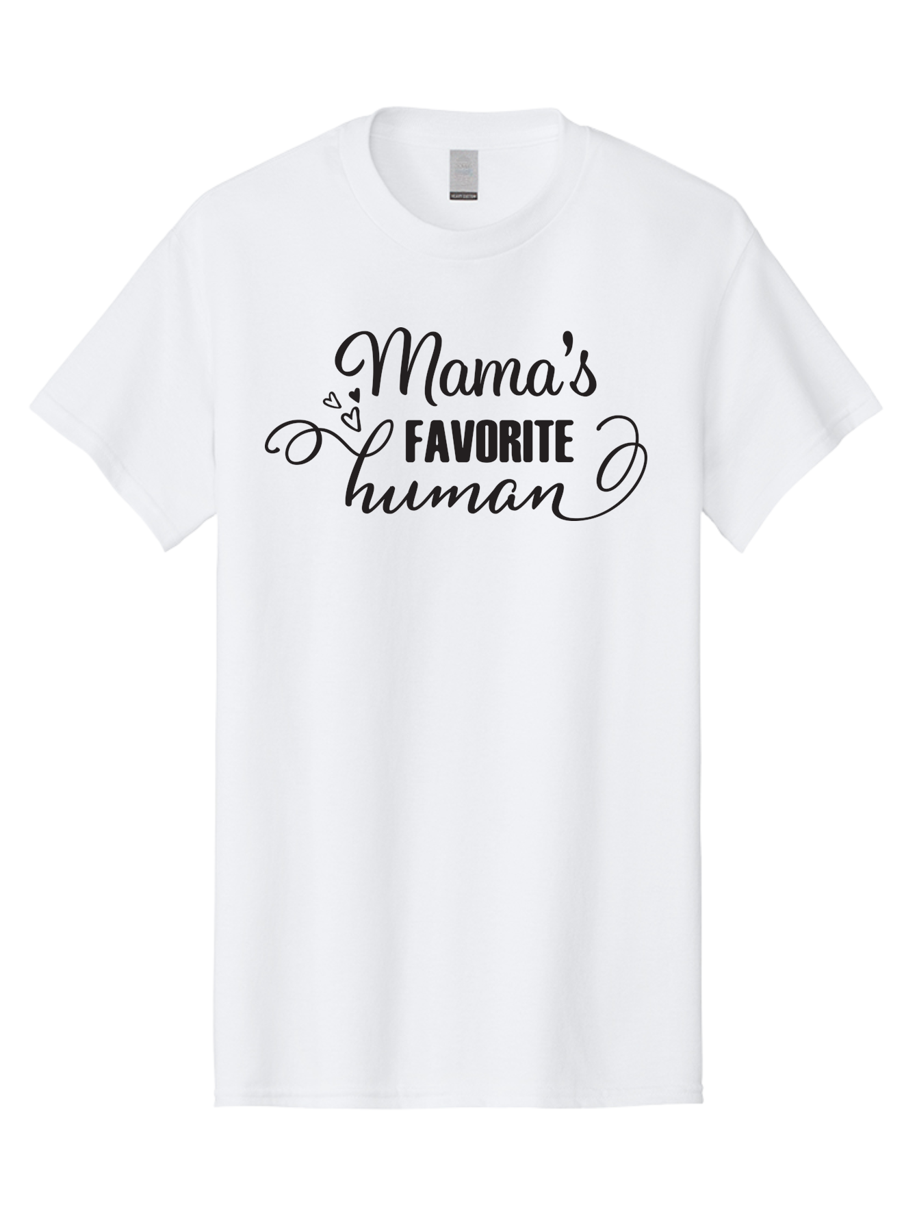 Mama-S-Favorite-Human Men'S Graphic Tee, 100% Cotton, Comfortable Casual Summer Wear, Machine Washable, Mama'S Favorite Human, Heartwarming Phrase, Cursive Font, Decorative Hearts, Favorite Child, Mother'S Love, Family Bonding, Aac993