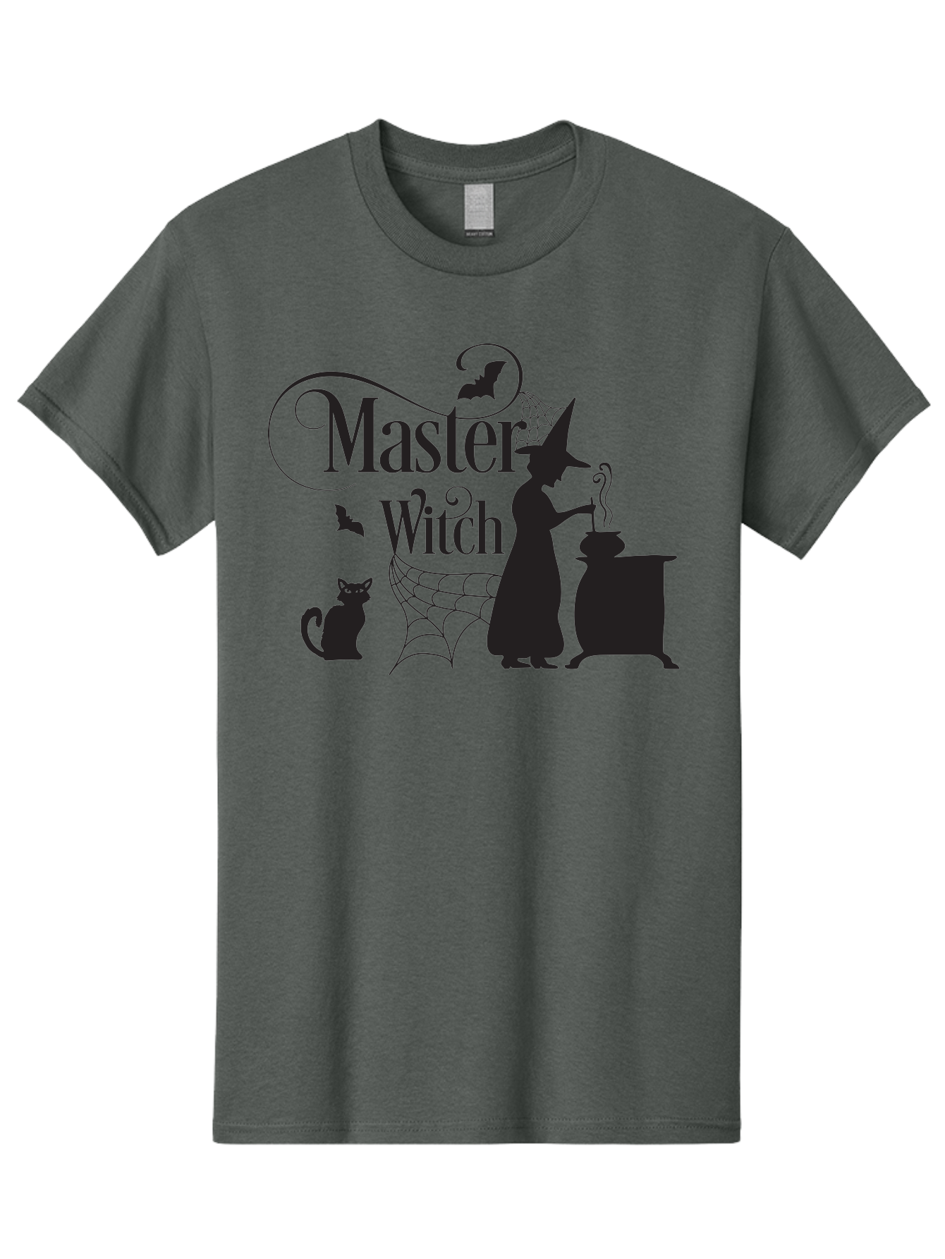 Master-Witch Men'S Graphic Tee, 100% Cotton, Comfortable Casual Summer Wear, Machine Washable, Witch Silhouette, Cauldron, Black Cat, Spider Web, Bats, Mystical Symbols, Witchcraft, Magic, Halloween Theme, Spooky Atmosphere, Mysterious, Aac994