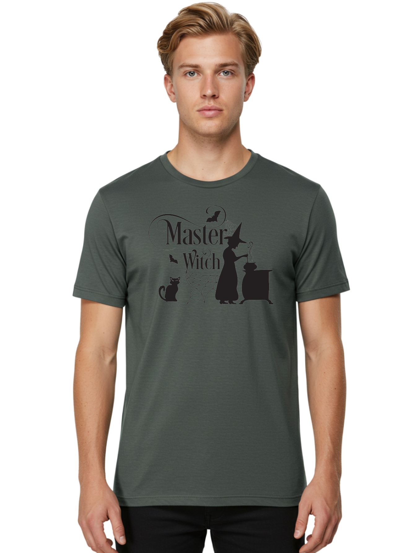 Master-Witch Men'S Graphic Tee, 100% Cotton, Comfortable Casual Summer Wear, Machine Washable, Witch Silhouette, Cauldron, Black Cat, Spider Web, Bats, Mystical Symbols, Witchcraft, Magic, Halloween Theme, Spooky Atmosphere, Mysterious, Aac994