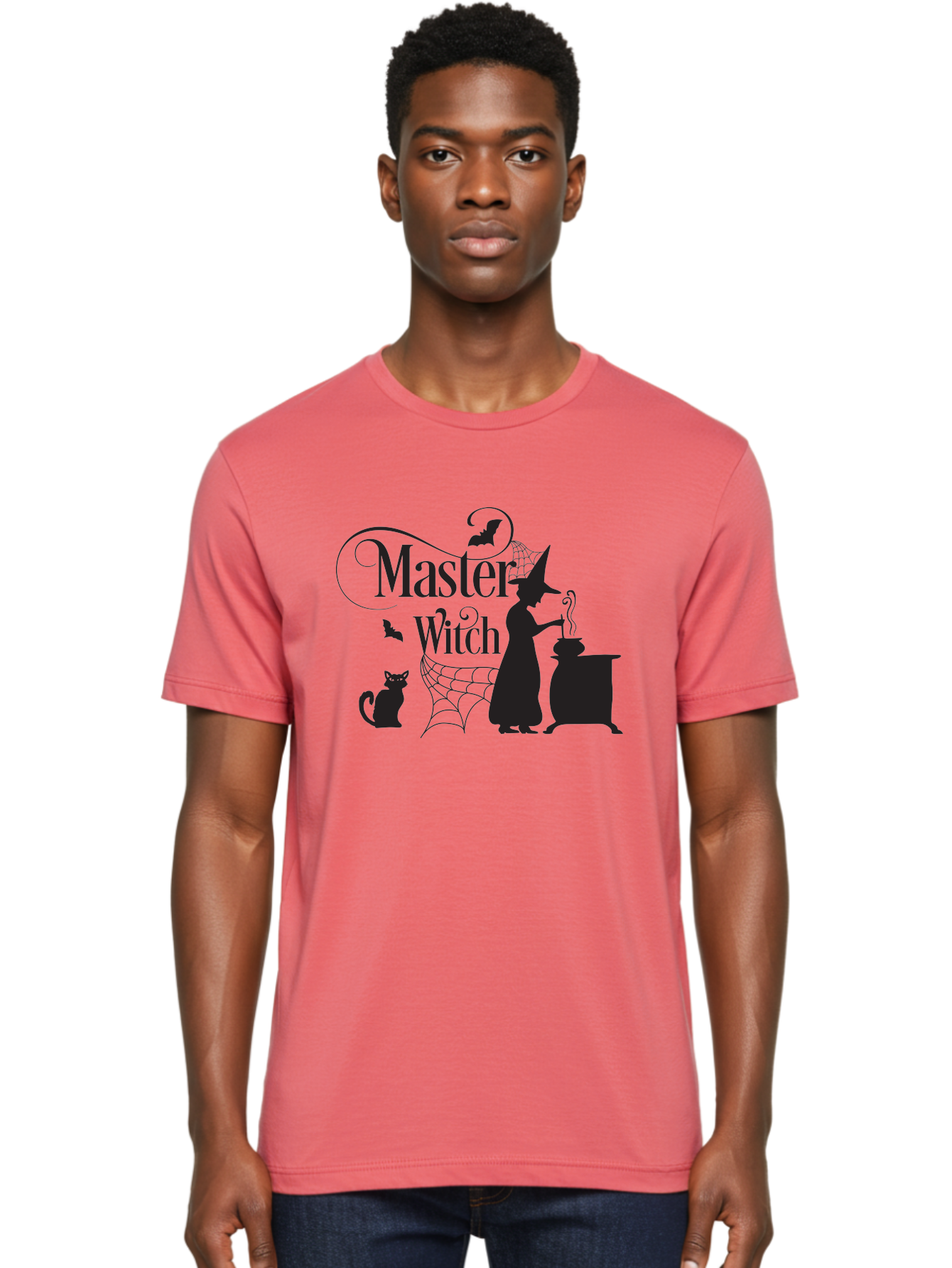 Master-Witch Men'S Graphic Tee, 100% Cotton, Comfortable Casual Summer Wear, Machine Washable, Witch Silhouette, Cauldron, Black Cat, Spider Web, Bats, Mystical Symbols, Witchcraft, Magic, Halloween Theme, Spooky Atmosphere, Mysterious, Aac994