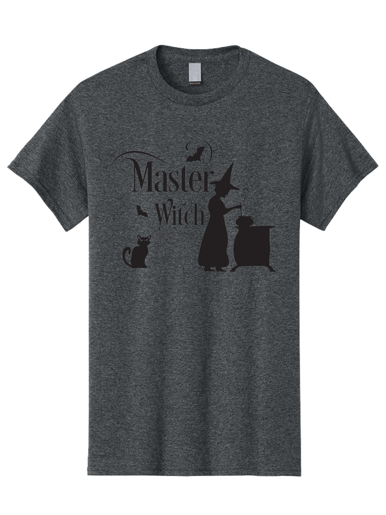 Master-Witch Men'S Graphic Tee, 100% Cotton, Comfortable Casual Summer Wear, Machine Washable, Witch Silhouette, Cauldron, Black Cat, Spider Web, Bats, Mystical Symbols, Witchcraft, Magic, Halloween Theme, Spooky Atmosphere, Mysterious, Aac994