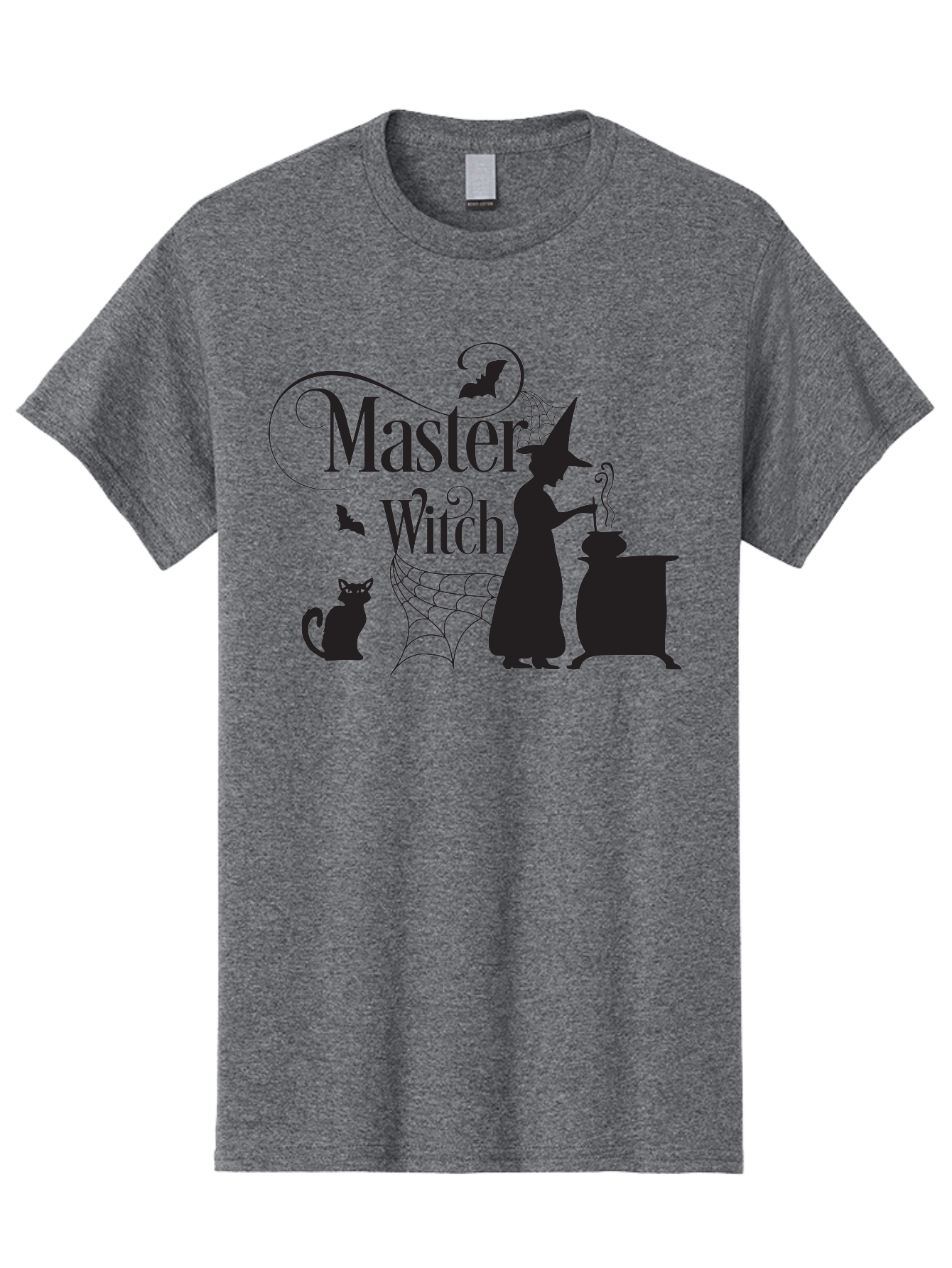 Master-Witch Men'S Graphic Tee, 100% Cotton, Comfortable Casual Summer Wear, Machine Washable, Witch Silhouette, Cauldron, Black Cat, Spider Web, Bats, Mystical Symbols, Witchcraft, Magic, Halloween Theme, Spooky Atmosphere, Mysterious, Aac994