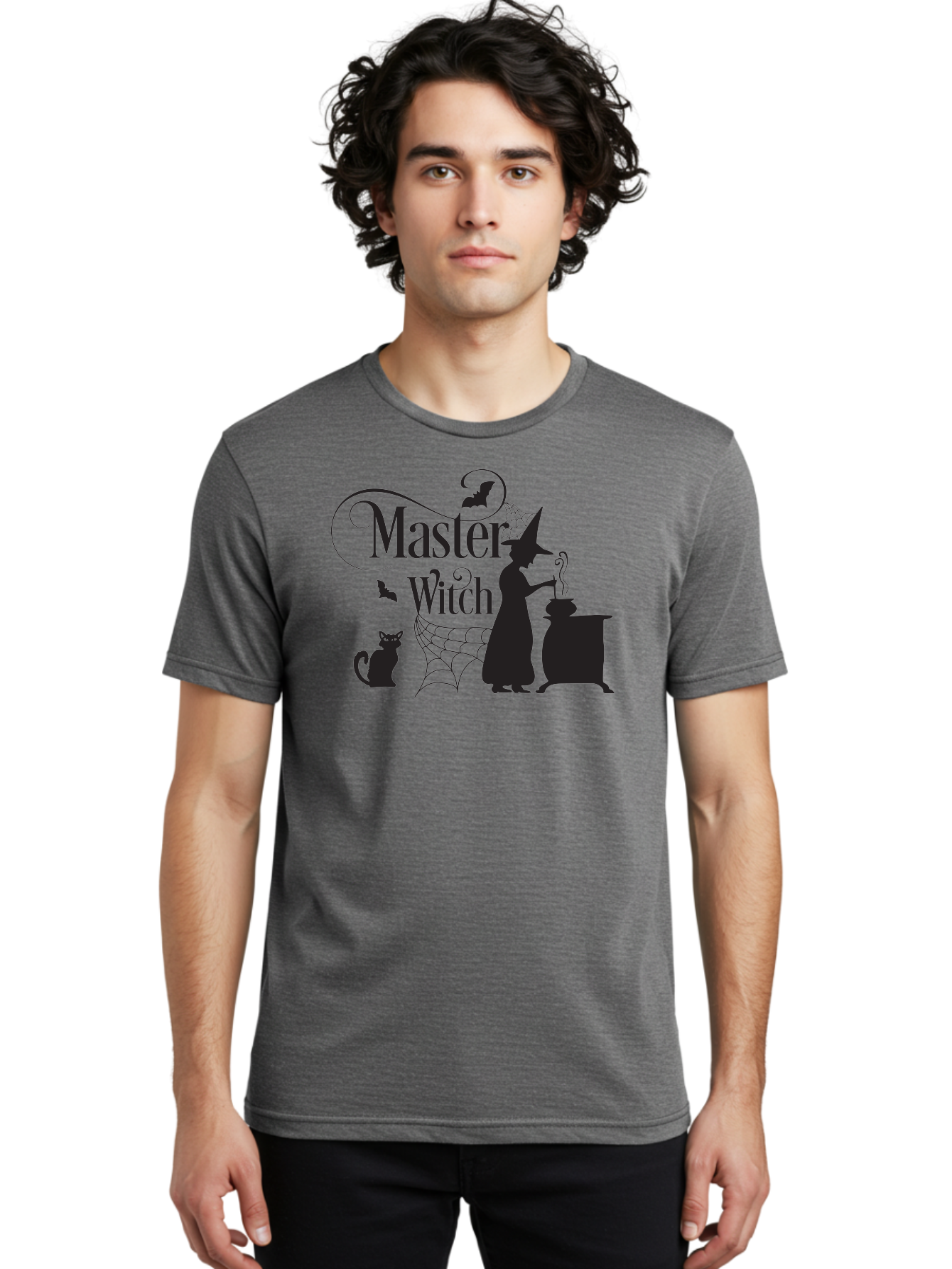 Master-Witch Men'S Graphic Tee, 100% Cotton, Comfortable Casual Summer Wear, Machine Washable, Witch Silhouette, Cauldron, Black Cat, Spider Web, Bats, Mystical Symbols, Witchcraft, Magic, Halloween Theme, Spooky Atmosphere, Mysterious, Aac994