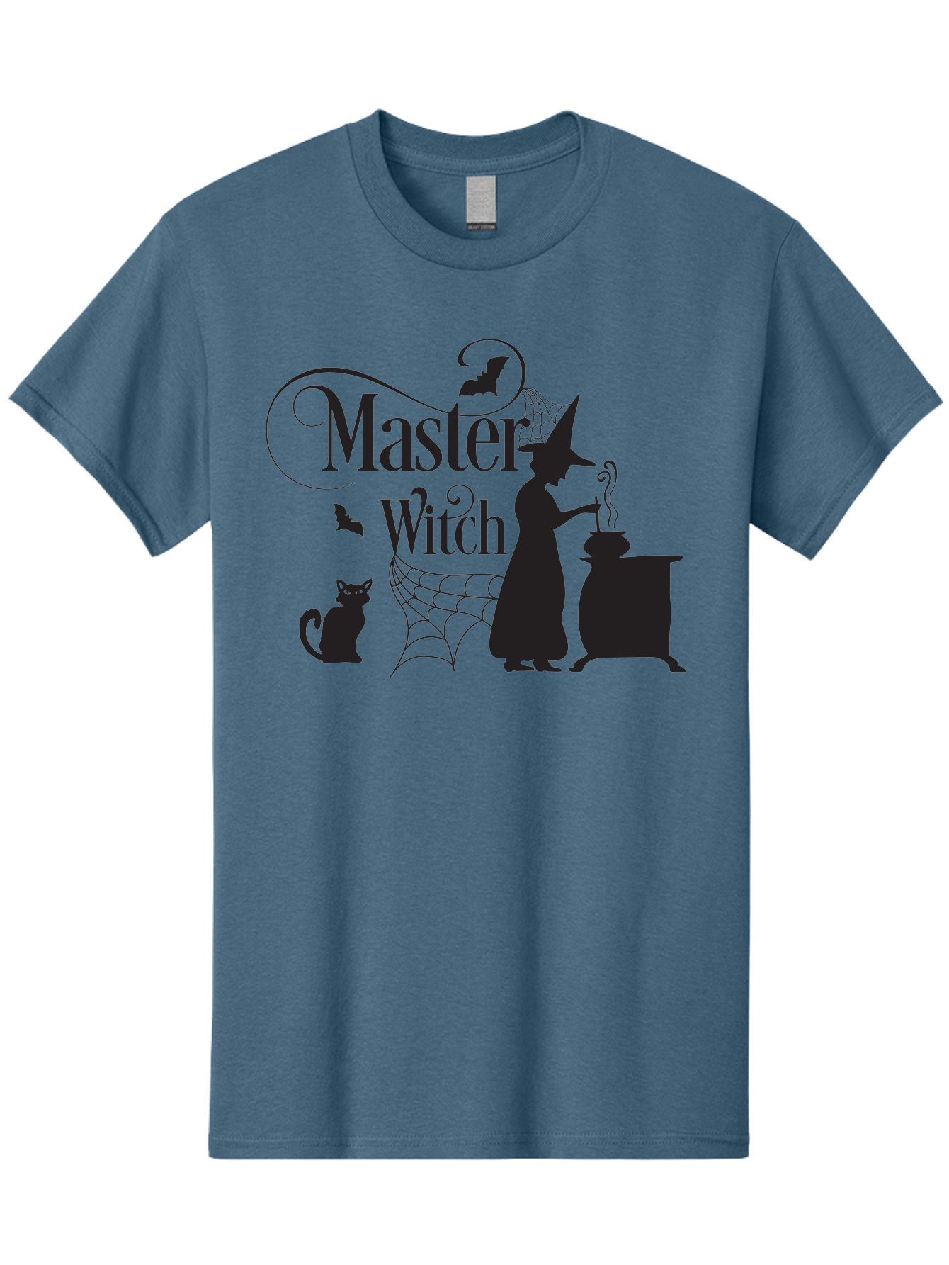 Master-Witch Men'S Graphic Tee, 100% Cotton, Comfortable Casual Summer Wear, Machine Washable, Witch Silhouette, Cauldron, Black Cat, Spider Web, Bats, Mystical Symbols, Witchcraft, Magic, Halloween Theme, Spooky Atmosphere, Mysterious, Aac994