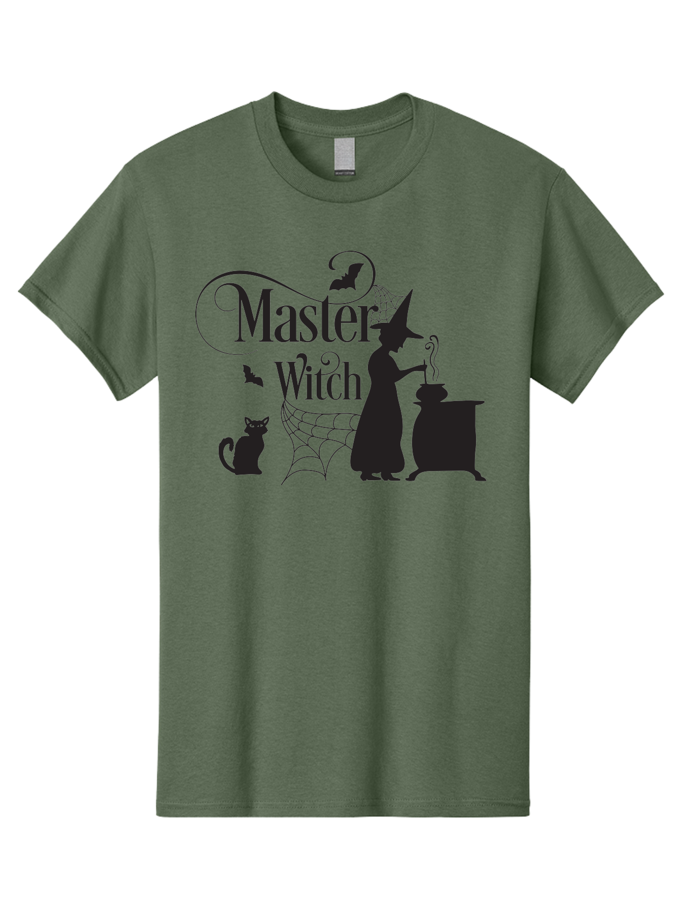 Master-Witch Men'S Graphic Tee, 100% Cotton, Comfortable Casual Summer Wear, Machine Washable, Witch Silhouette, Cauldron, Black Cat, Spider Web, Bats, Mystical Symbols, Witchcraft, Magic, Halloween Theme, Spooky Atmosphere, Mysterious, Aac994