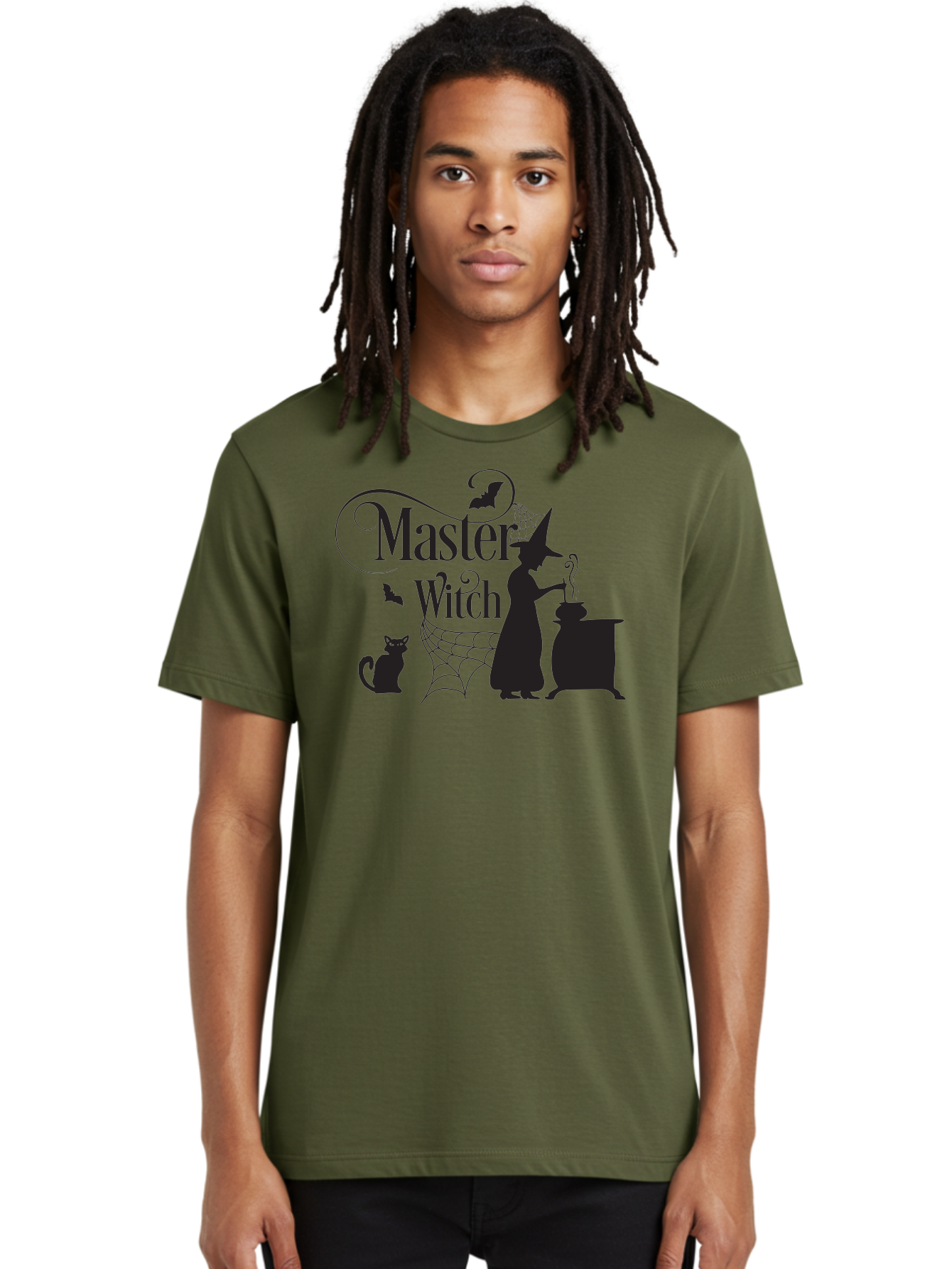 Master-Witch Men'S Graphic Tee, 100% Cotton, Comfortable Casual Summer Wear, Machine Washable, Witch Silhouette, Cauldron, Black Cat, Spider Web, Bats, Mystical Symbols, Witchcraft, Magic, Halloween Theme, Spooky Atmosphere, Mysterious, Aac994
