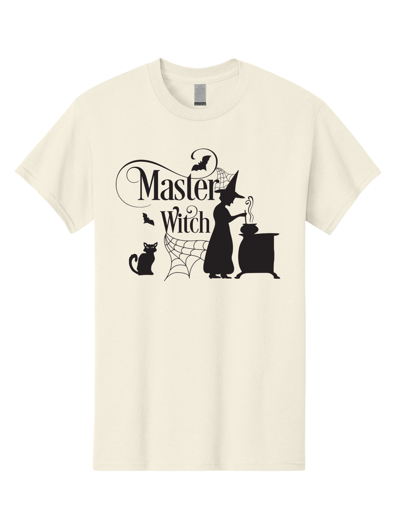 Master-Witch Men'S Graphic Tee, 100% Cotton, Comfortable Casual Summer Wear, Machine Washable, Witch Silhouette, Cauldron, Black Cat, Spider Web, Bats, Mystical Symbols, Witchcraft, Magic, Halloween Theme, Spooky Atmosphere, Mysterious, Aac994