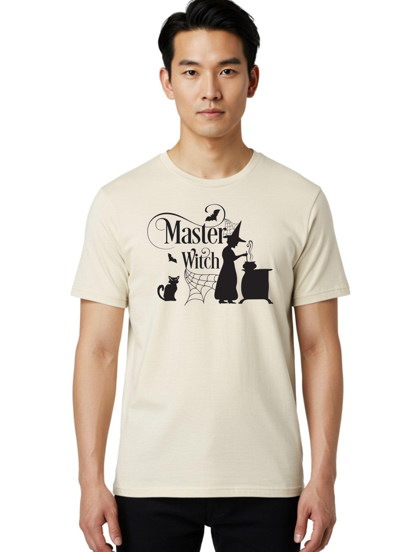 Master-Witch Men'S Graphic Tee, 100% Cotton, Comfortable Casual Summer Wear, Machine Washable, Witch Silhouette, Cauldron, Black Cat, Spider Web, Bats, Mystical Symbols, Witchcraft, Magic, Halloween Theme, Spooky Atmosphere, Mysterious, Aac994