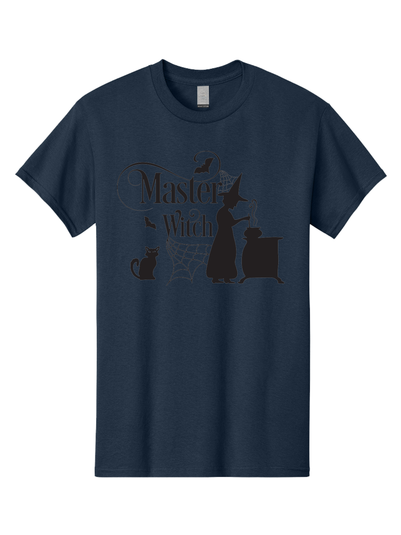 Master-Witch Men'S Graphic Tee, 100% Cotton, Comfortable Casual Summer Wear, Machine Washable, Witch Silhouette, Cauldron, Black Cat, Spider Web, Bats, Mystical Symbols, Witchcraft, Magic, Halloween Theme, Spooky Atmosphere, Mysterious, Aac994