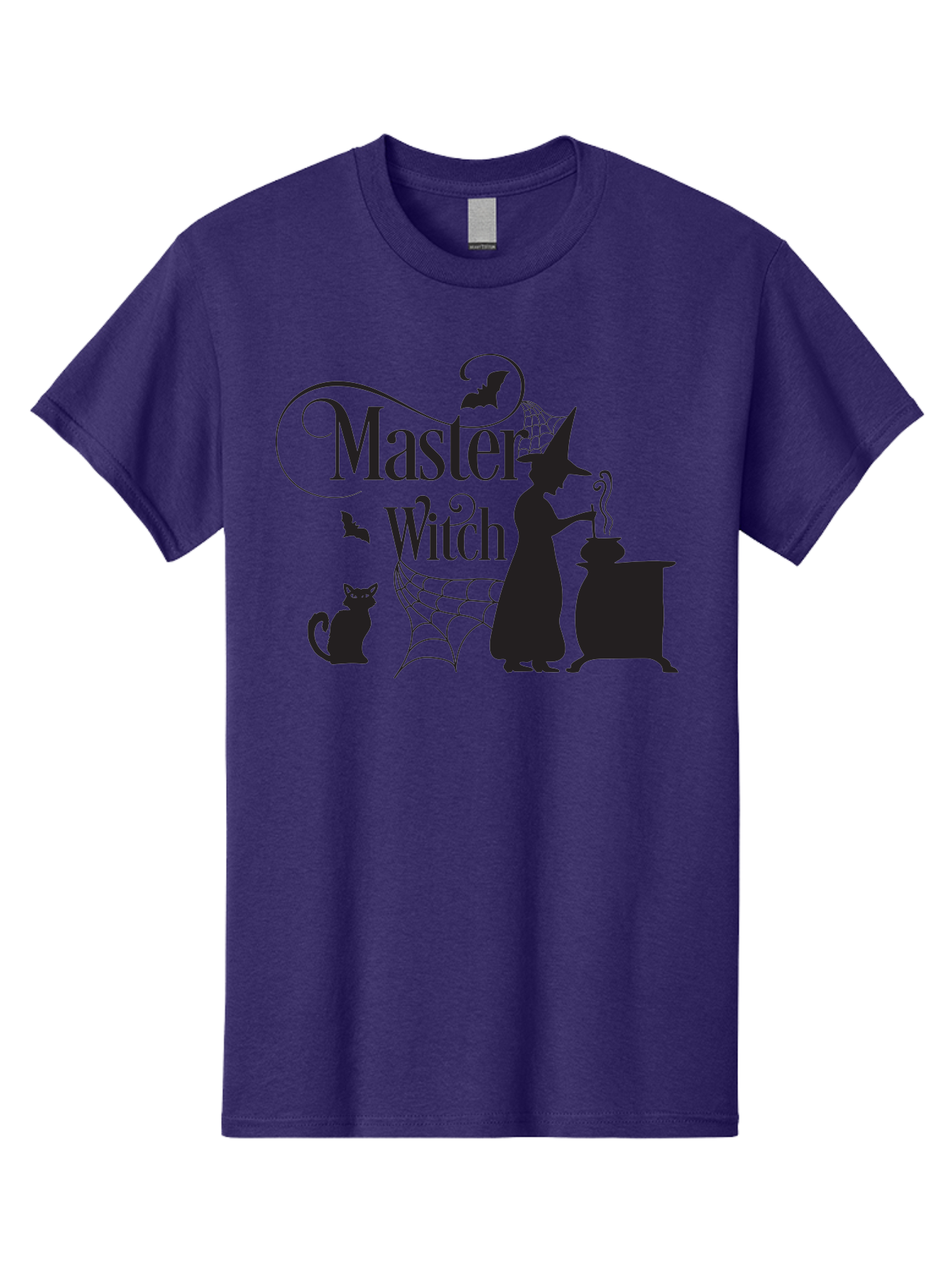 Master-Witch Men'S Graphic Tee, 100% Cotton, Comfortable Casual Summer Wear, Machine Washable, Witch Silhouette, Cauldron, Black Cat, Spider Web, Bats, Mystical Symbols, Witchcraft, Magic, Halloween Theme, Spooky Atmosphere, Mysterious, Aac994