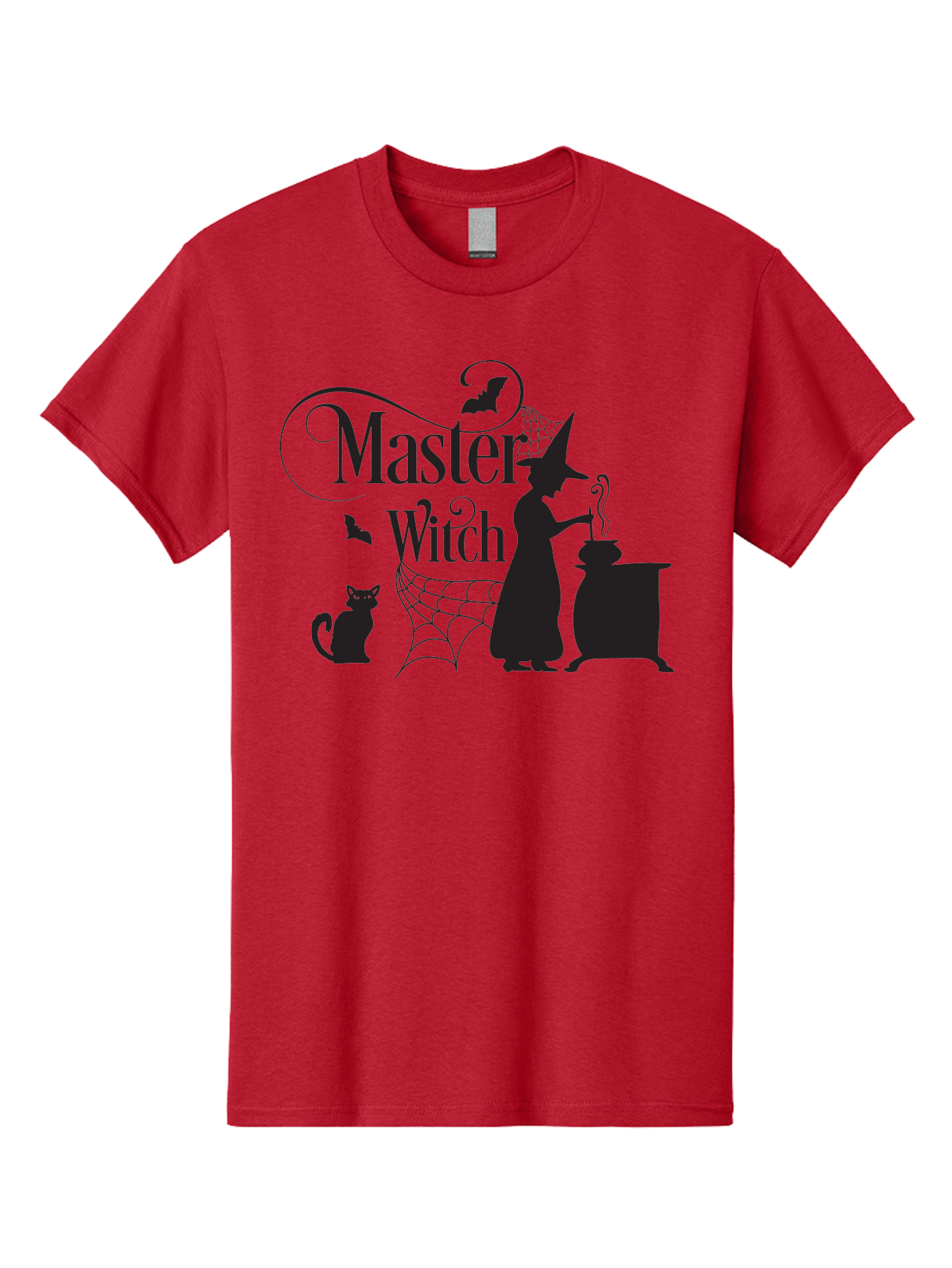 Master-Witch Men'S Graphic Tee, 100% Cotton, Comfortable Casual Summer Wear, Machine Washable, Witch Silhouette, Cauldron, Black Cat, Spider Web, Bats, Mystical Symbols, Witchcraft, Magic, Halloween Theme, Spooky Atmosphere, Mysterious, Aac994