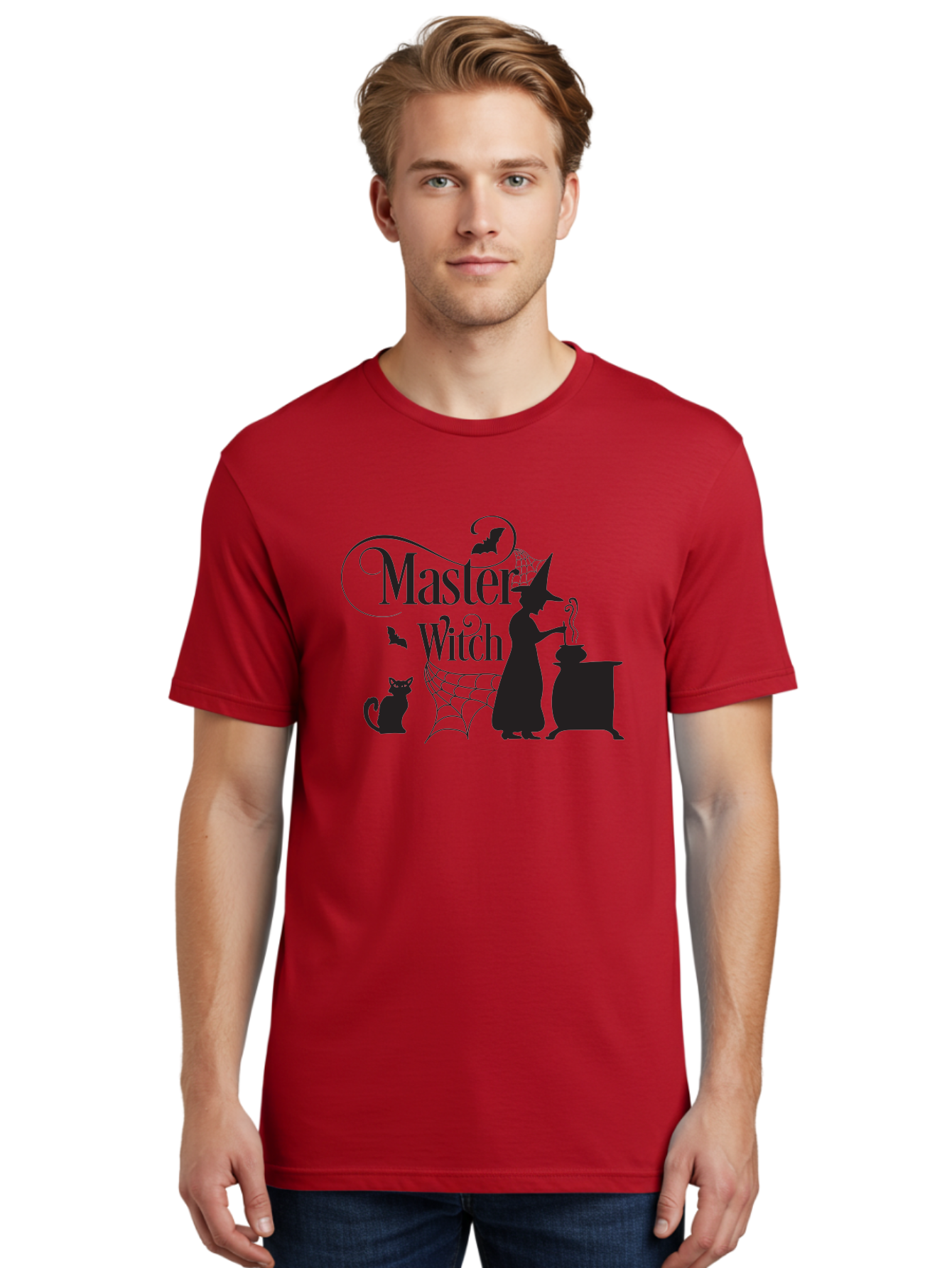 Master-Witch Men'S Graphic Tee, 100% Cotton, Comfortable Casual Summer Wear, Machine Washable, Witch Silhouette, Cauldron, Black Cat, Spider Web, Bats, Mystical Symbols, Witchcraft, Magic, Halloween Theme, Spooky Atmosphere, Mysterious, Aac994