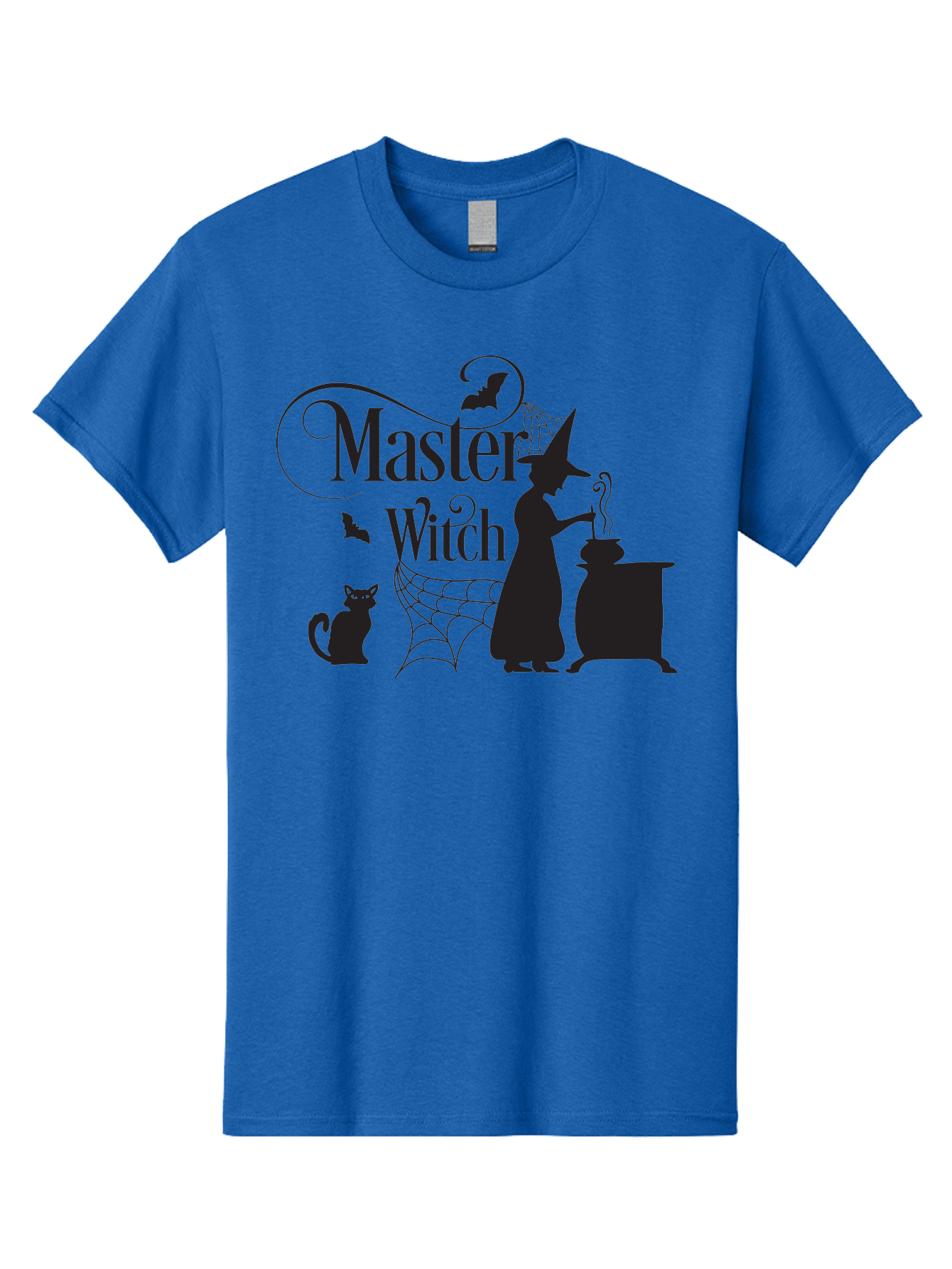 Master-Witch Men'S Graphic Tee, 100% Cotton, Comfortable Casual Summer Wear, Machine Washable, Witch Silhouette, Cauldron, Black Cat, Spider Web, Bats, Mystical Symbols, Witchcraft, Magic, Halloween Theme, Spooky Atmosphere, Mysterious, Aac994
