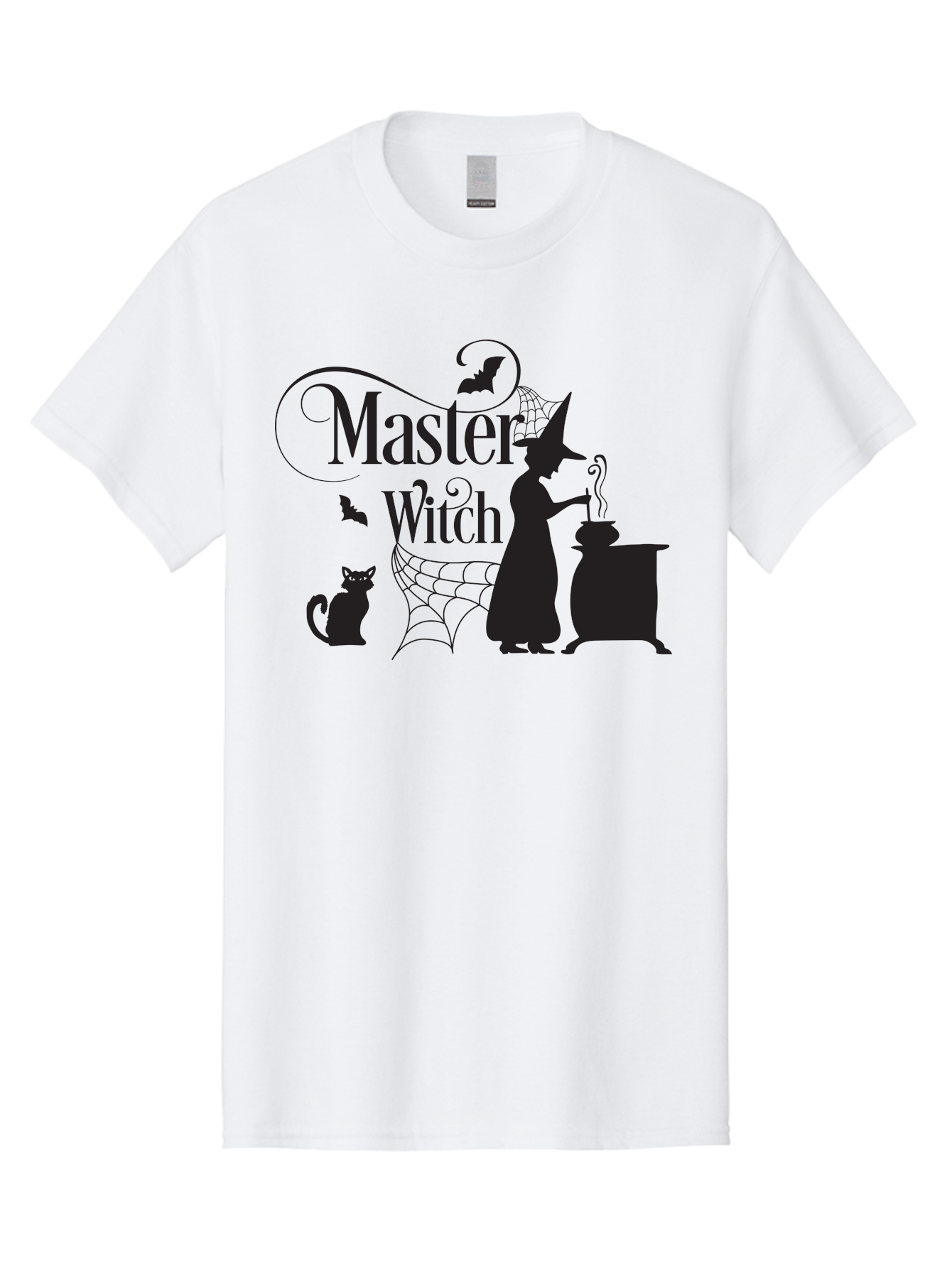 Master-Witch Men'S Graphic Tee, 100% Cotton, Comfortable Casual Summer Wear, Machine Washable, Witch Silhouette, Cauldron, Black Cat, Spider Web, Bats, Mystical Symbols, Witchcraft, Magic, Halloween Theme, Spooky Atmosphere, Mysterious, Aac994