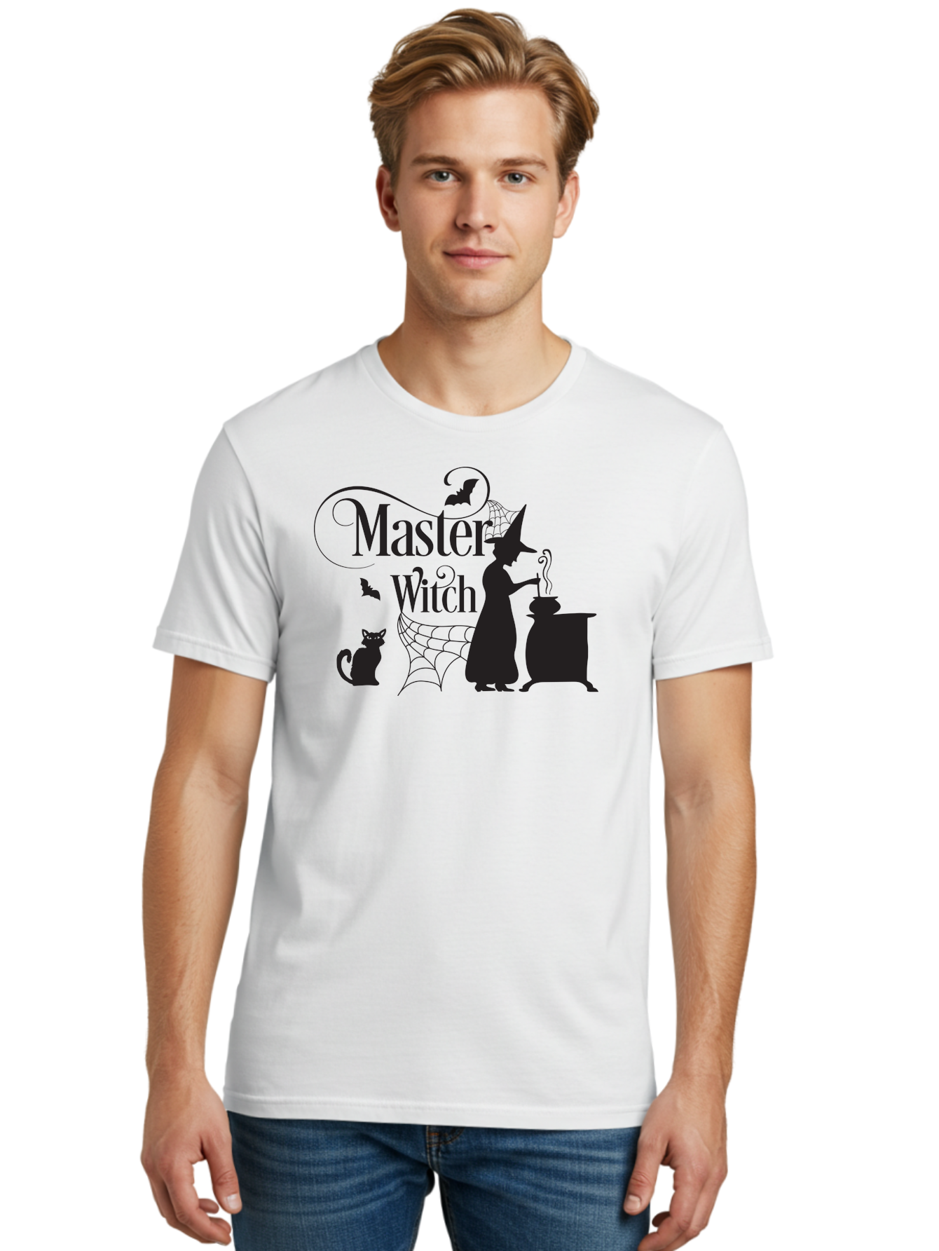 Master-Witch Men'S Graphic Tee, 100% Cotton, Comfortable Casual Summer Wear, Machine Washable, Witch Silhouette, Cauldron, Black Cat, Spider Web, Bats, Mystical Symbols, Witchcraft, Magic, Halloween Theme, Spooky Atmosphere, Mysterious, Aac994