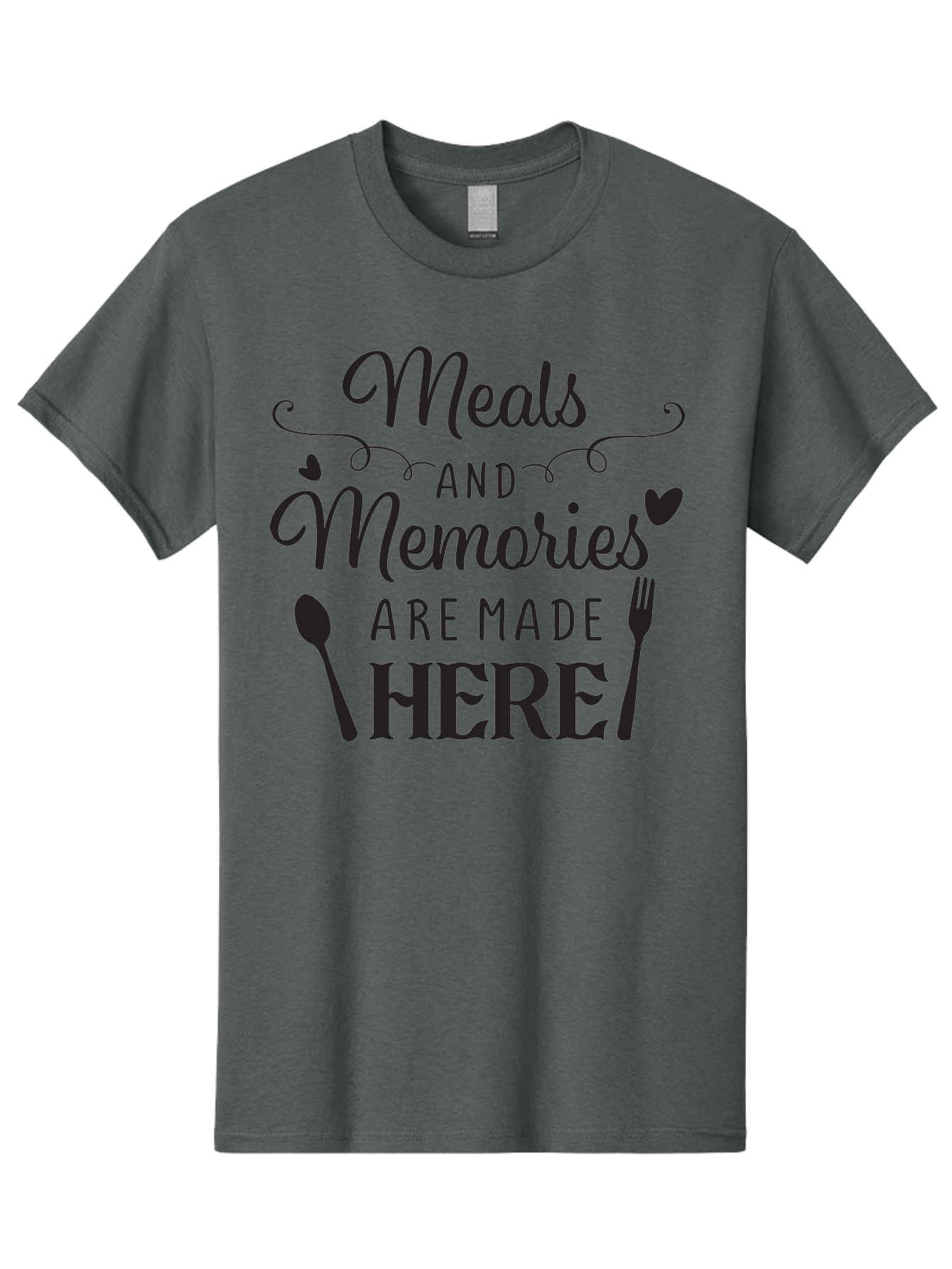 Meals-And-Memories-Are-Made-Here Men'S Graphic Tee, 100% Cotton, Comfortable Casual Summer Wear, Machine Washable, Dining Experience, Culinary Memories, Family Gatherings, Restaurant Signage, Heartfelt Messages, Utensil Illustrations, Aad000