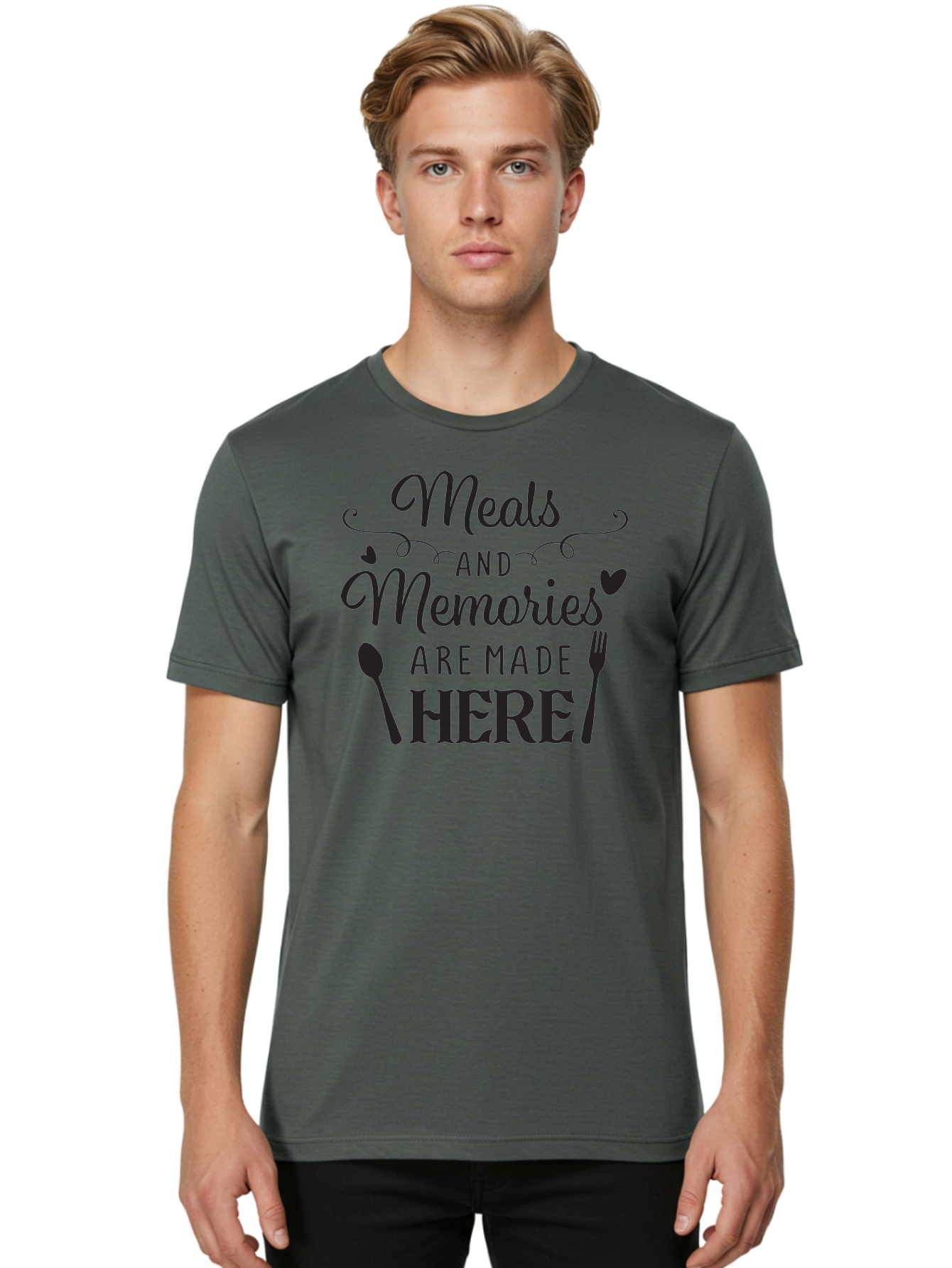 Meals-And-Memories-Are-Made-Here Men'S Graphic Tee, 100% Cotton, Comfortable Casual Summer Wear, Machine Washable, Dining Experience, Culinary Memories, Family Gatherings, Restaurant Signage, Heartfelt Messages, Utensil Illustrations, Aad000