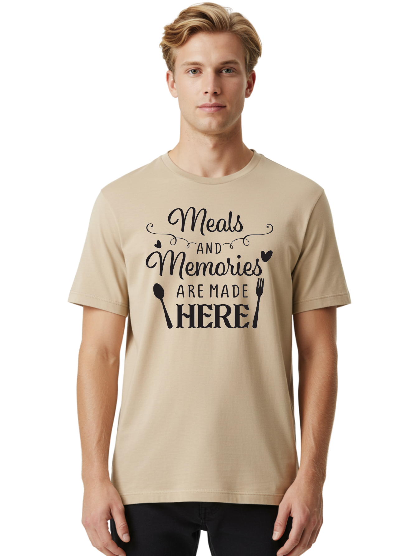 Meals-And-Memories-Are-Made-Here Men'S Graphic Tee, 100% Cotton, Comfortable Casual Summer Wear, Machine Washable, Dining Experience, Culinary Memories, Family Gatherings, Restaurant Signage, Heartfelt Messages, Utensil Illustrations, Aad000
