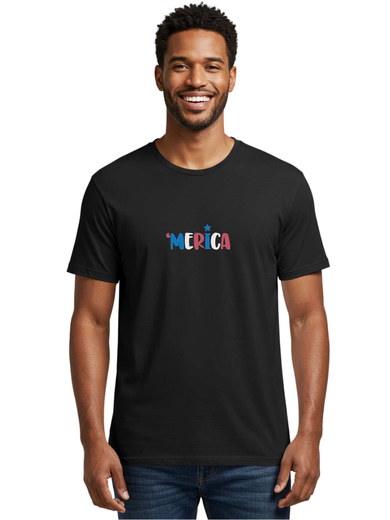 Merica Men'S Graphic Tee, 100% Cotton, Comfortable Casual Summer Wear, Machine Washable, Patriotic Design, 'Merica Text, Red White And Blue, American Flag Colors, Star Symbol, Bold Typography, Festive Atmosphere, Independence Day, Aad001