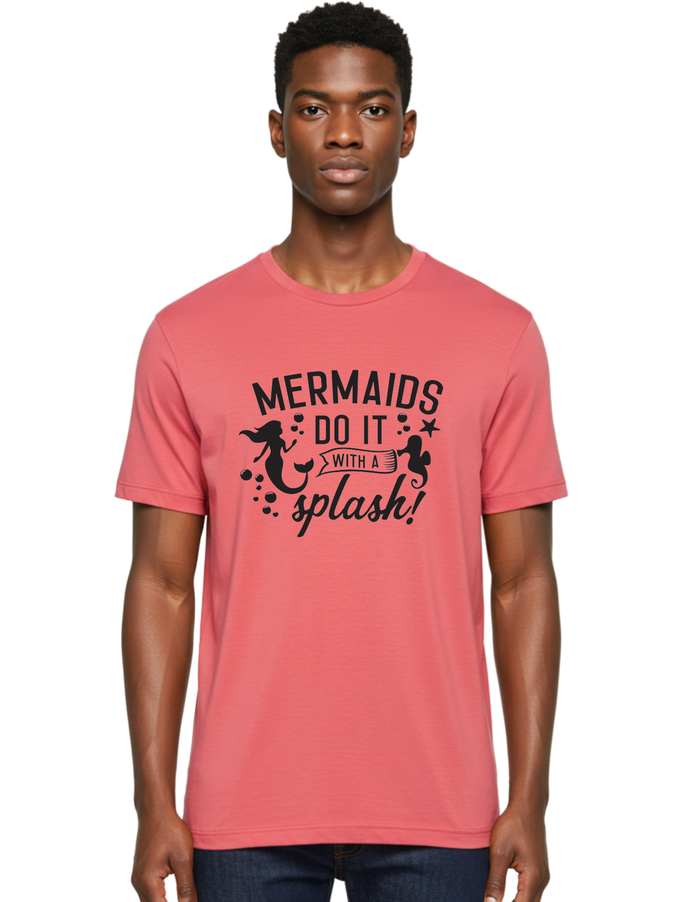 Mermaids-Do-It-With-A-Splash Men'S Graphic Tee, 100% Cotton, Comfortable Casual Summer Wear, Machine Washable, Mermaid Silhouettes, Ocean Creatures, Playful Graphics, Whimsical Design, Underwater Theme, Aquatic Life, Fun Phrases, Aad002